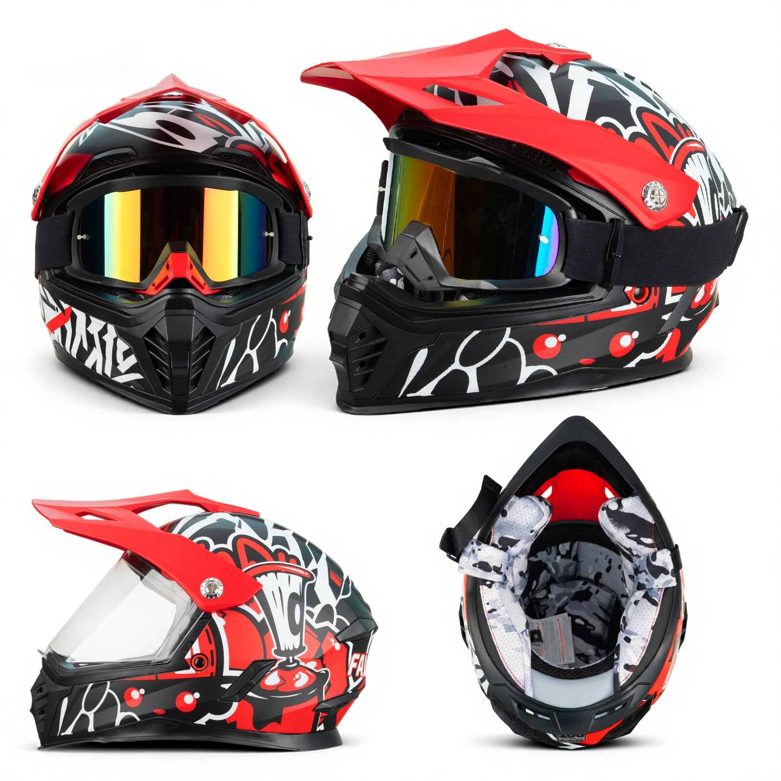 Favoto Casco Cross per Bambini con Occhiali di Protezione – Resistente agli Urti, Certificato ECE 22.06, Casco da Motocross e Dirt Bike, Rosso-Nero S (49–50 cm)