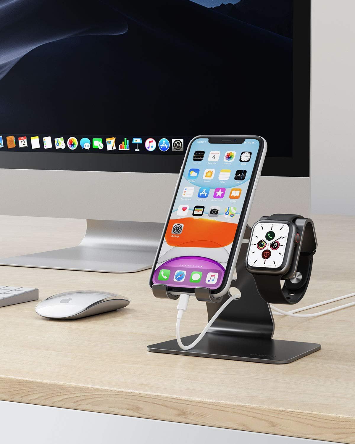 OMOTON Stand for Apple Watch - 2 in 1 Universal Desktop Stand Holder (Not Include Charger) for All iPhone 15 14 13 12 and Apple Watch Series 9/8/SE2/7/6/SE/5/4/3/2 (Both 38/40/41/42/44/45mm)-Black