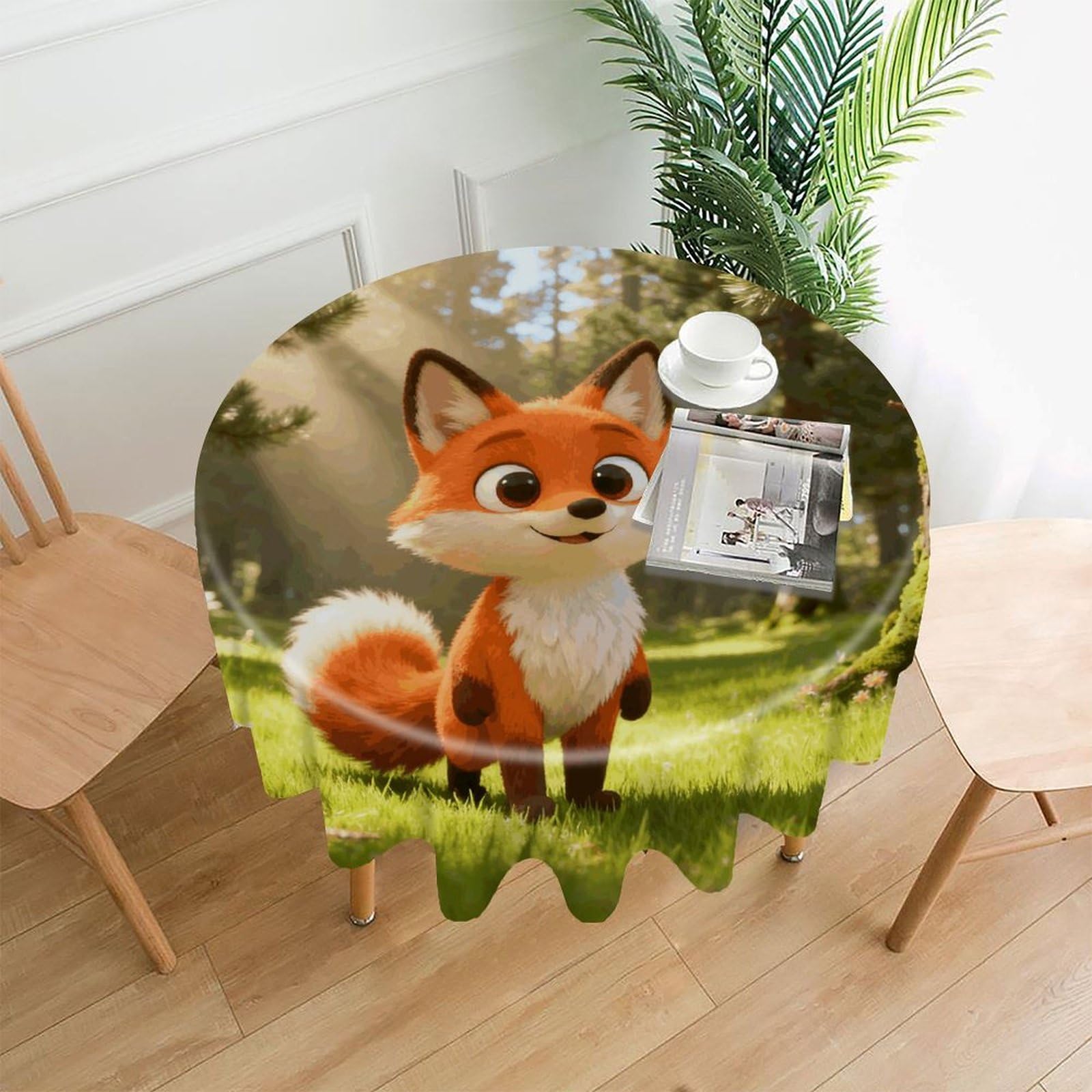 LDGSUPH Fox Cartoon Cute Round Tablecloth Cover Washable Luxurious Fabric Table Cover Decor Wrinkle Free Fashion Round Table Cloth for Home Dining Kitchen Party 60 in