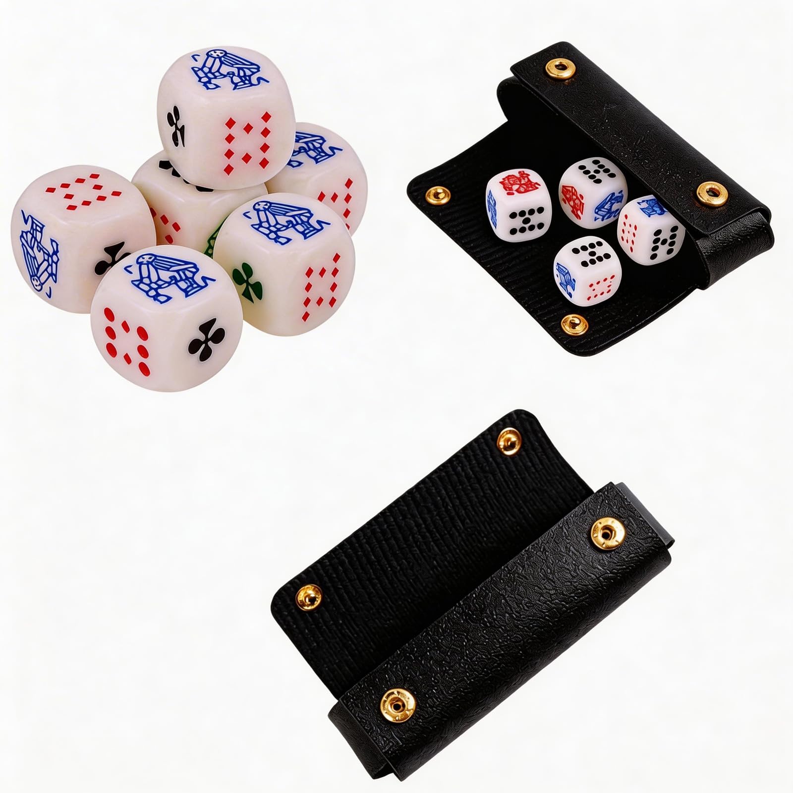 Foverin Leather Poker Dice Set with Case, 6-Piece 16mm Professional Casino Quality Dice, Portable Travel Board Game Set for Liar's Dice, LCR, and Adult Party Game Night