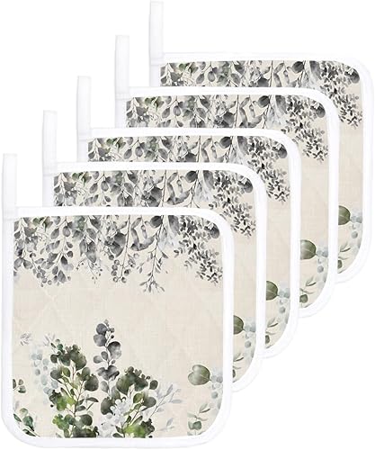 Miniatura 8 de 2 Packs Watercolor Eucalyptus Pot Holders Sets for Kitchen,Oven Pan Plate Bowl Pads Heat Proof Mat with Hanging Loop,Terry Cloth Potholders Soft