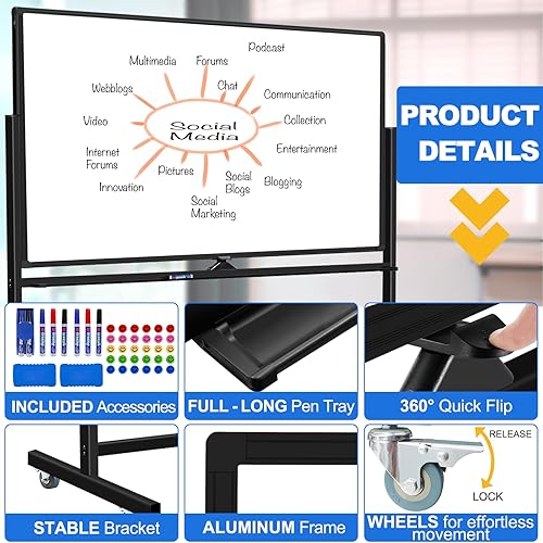 Miniatura 4 de Pizarra blanca grande de borrado en seco con soporte rodante de 72 x 48 pulgadas, pizarra blanca magnética móvil de doble cara sobre ruedas, incluye