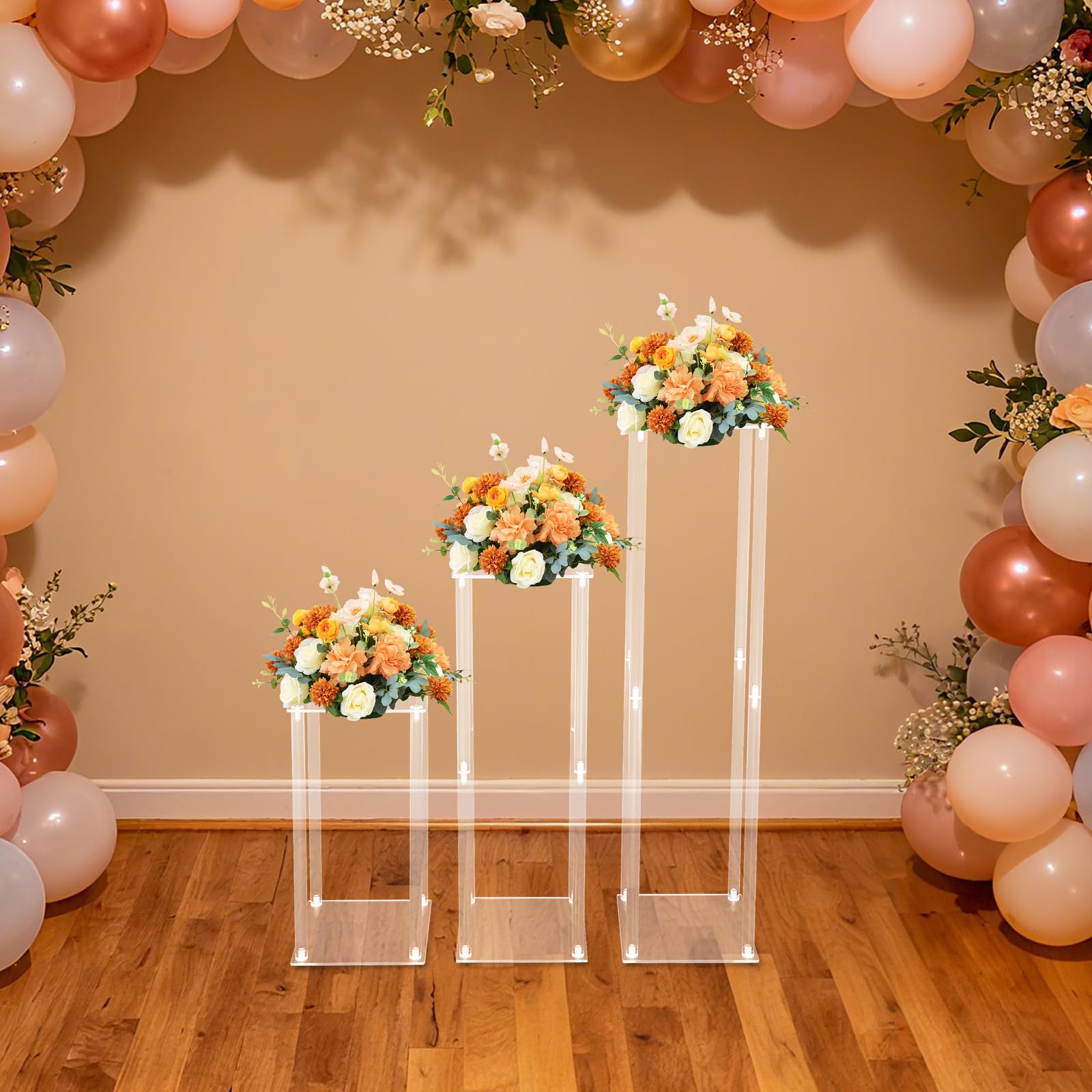 Blumenständer für Hochzeit, Aufsteller, Acryl, Tischaufsteller, Set mit 3 | Transparentes Acryl, 3 Höhen 40/60/80 cm, einfache Montage, Verwendung im Innen- und Außenbereich, wiederverwendbar