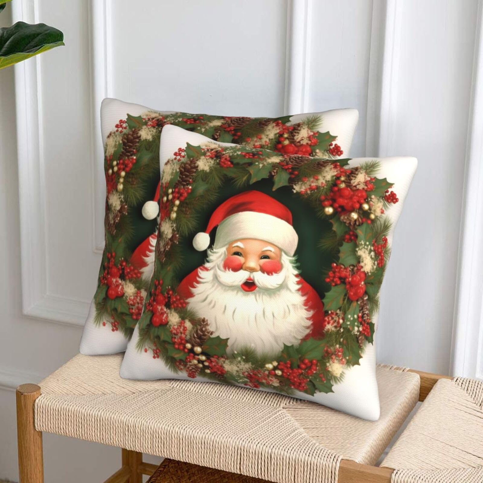 NONHAI Decorative Throw Pillow Covers Set of 2, 20"x20" Square Cushion Case Soft Comfy Christmas Holiday Santa Claus Wreath Throw Pillows for Couch Cushion Livingroom Farmhouse Home Decor Pillowcases