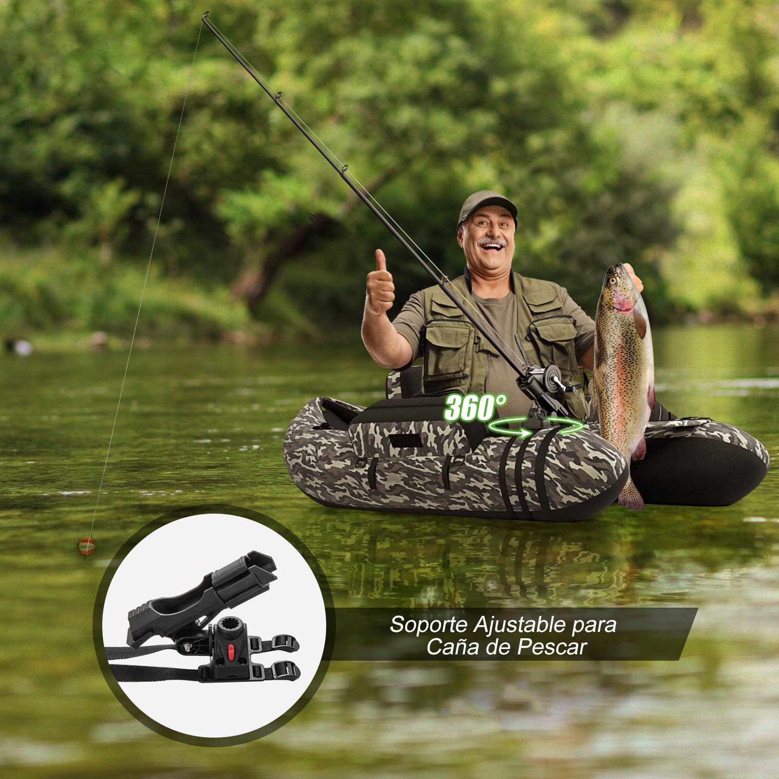GOPLUS Barca Hinchable para Pesca, Barco Inflable con Portacaña, Remo de Aluminio, Bomba sin Motor,Respaldo Ajustable， Bote Hinchable para Adults, Carga 150 kg
