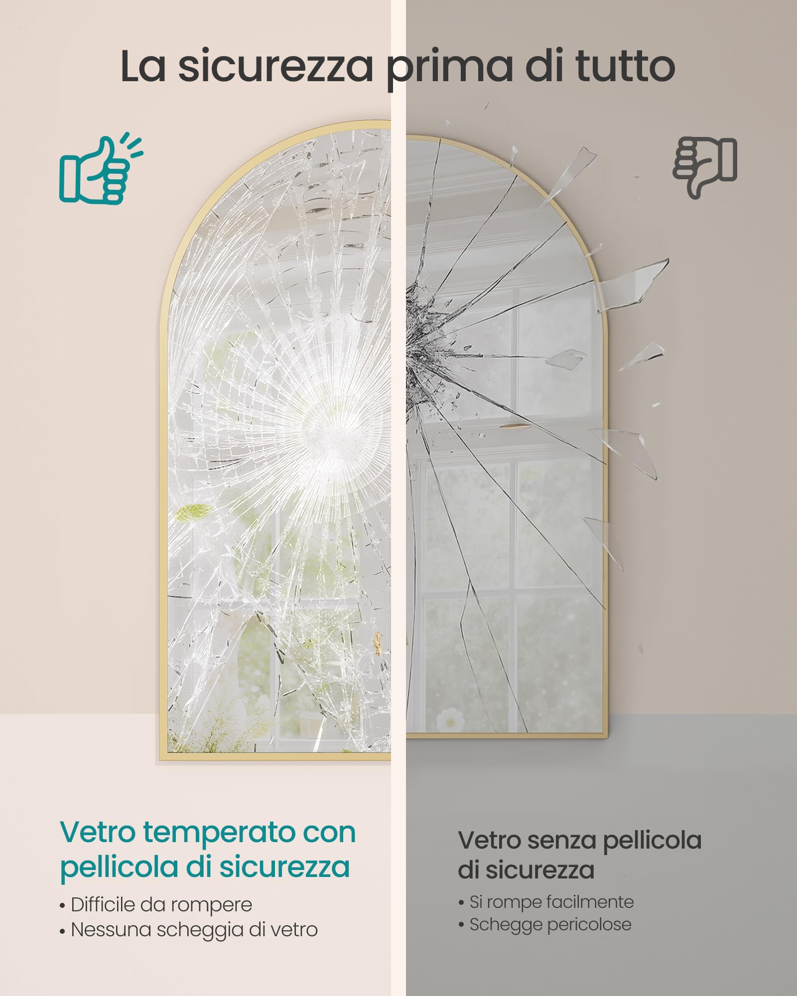 SONGMICS Specchio Bagno, Specchio da Parete, ad Arco, Cornice in Alluminio, 91 x 61 cm, Pellicola di Sicurezza, Facile da Montare, Soggiorno Camera da Letto, Oro Pallido LWM011AB01