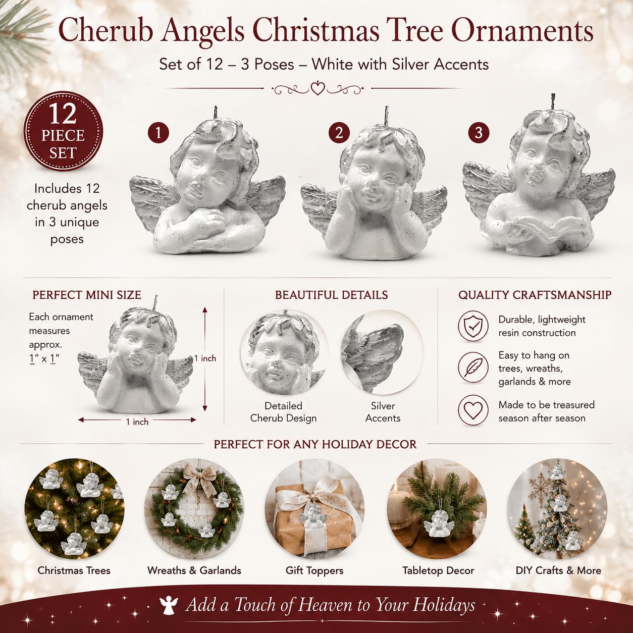 BANBERRY DESIGNS Mini Angel Cherub Christmas Ornaments - Set of 12 Miniature Angels Assorted Poses - Painted Bright White with Silver Accents - Approx. 1 Inch