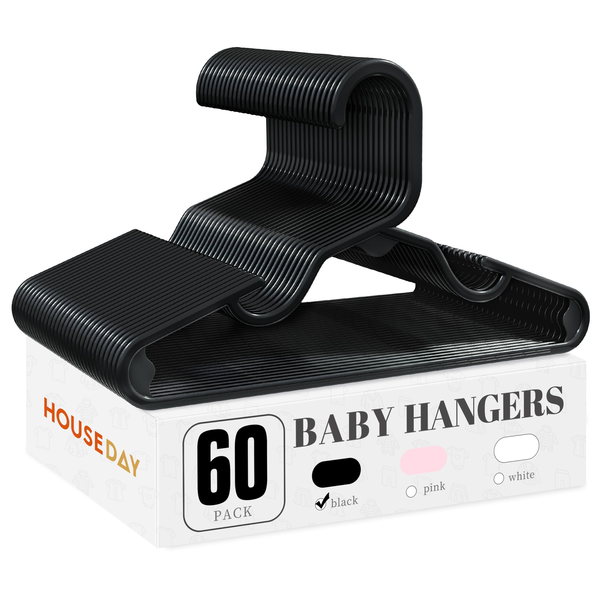 HOUSE DAY Plastic Baby Hangers for Closet 60 Pack, Durable Plastic Kids Hangers for Baby Clothes, Thin & Compact Childrens Hangers, Space Saving Black