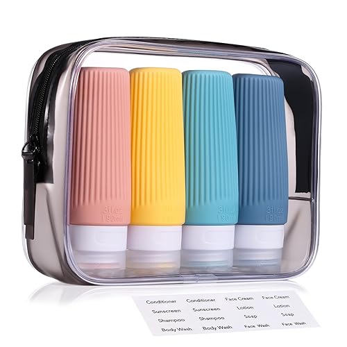 Botellas de viaje de silicona para artículos de tocador, botellas de viaje recargables portátiles de 3 onzas aprobadas por la Tsa, a prueba de