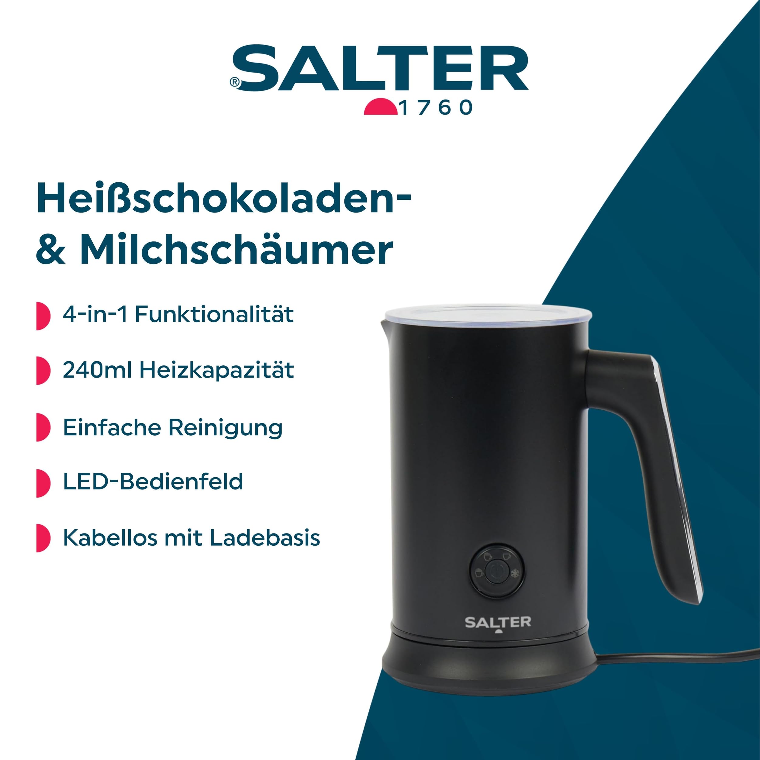 Salter Chocolatier Heißschokoladenbereiter - 4-in-1 Automatischer Milchaufschäumer, heißer & kalter Milchheizer und Schaumgerät, 240ml/115ml, 500W, kabellos, LED-Bedienfeld, für Kaffee, Eiskaffee