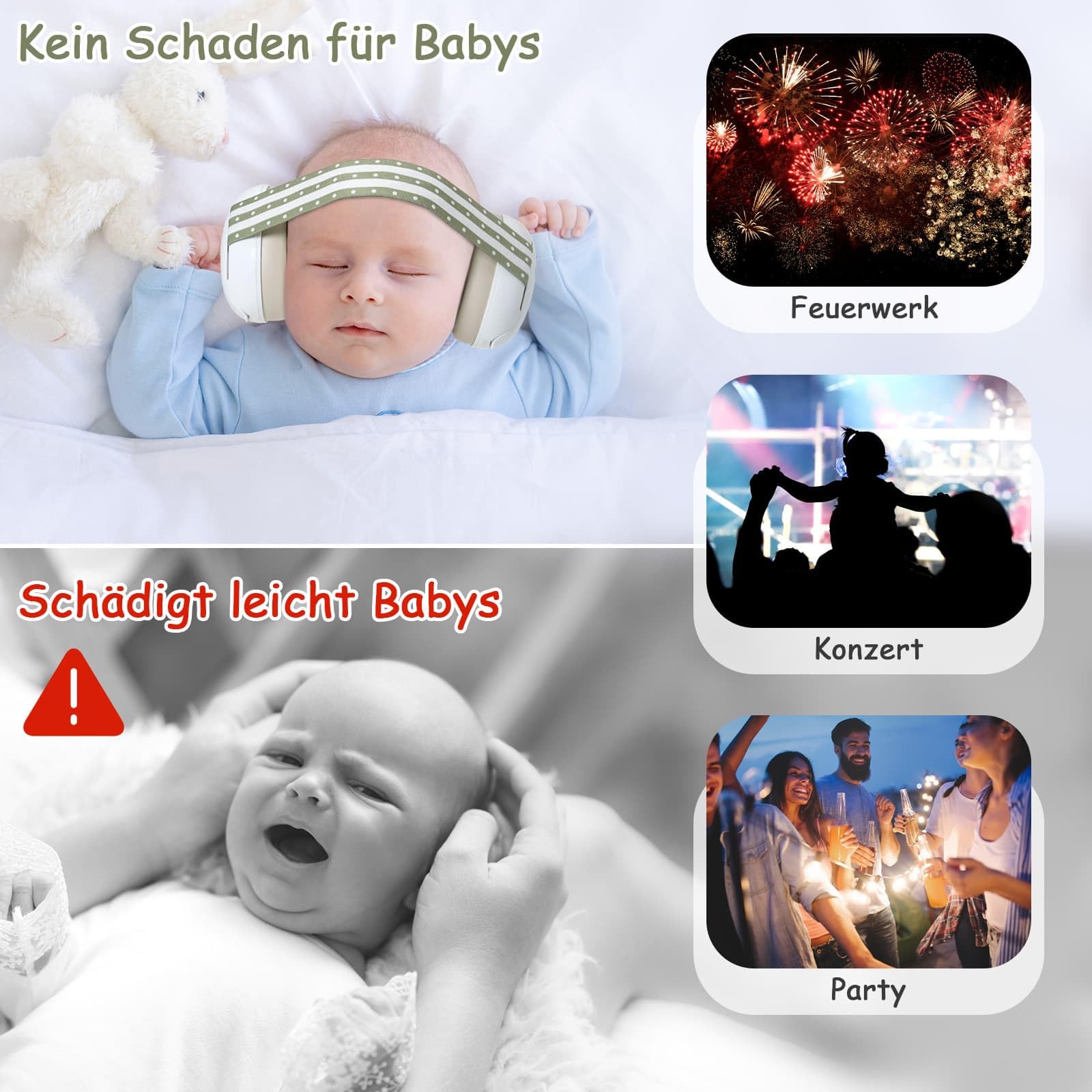 Yoofoss Gehörschutz Baby 0-36 Monate - Baby Kopfhörer Lärmschutz 25dB - Ideal für Flugzeug und Reise - CE - Verstellbares Anti-Rutsch-Kopfband, Weiche Ohrenschützer - Grün