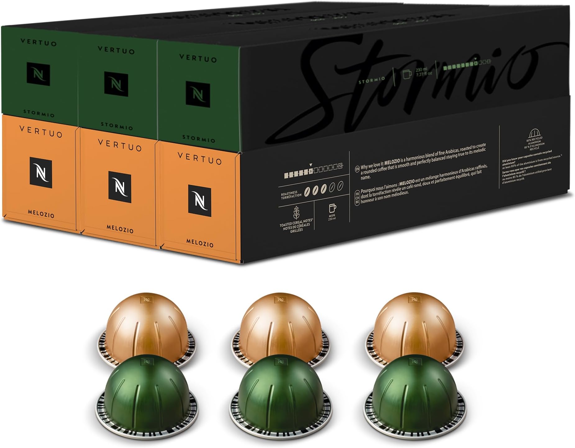 Nespresso Vertuo Coffee Pods, 60 Mixed Pack - 30 Melozio and 30 Stormio Capsules for Nespresso Machines. Make Espressos, Cappuccino, Lattes and Iced Coffee at home. Recyclable Pods