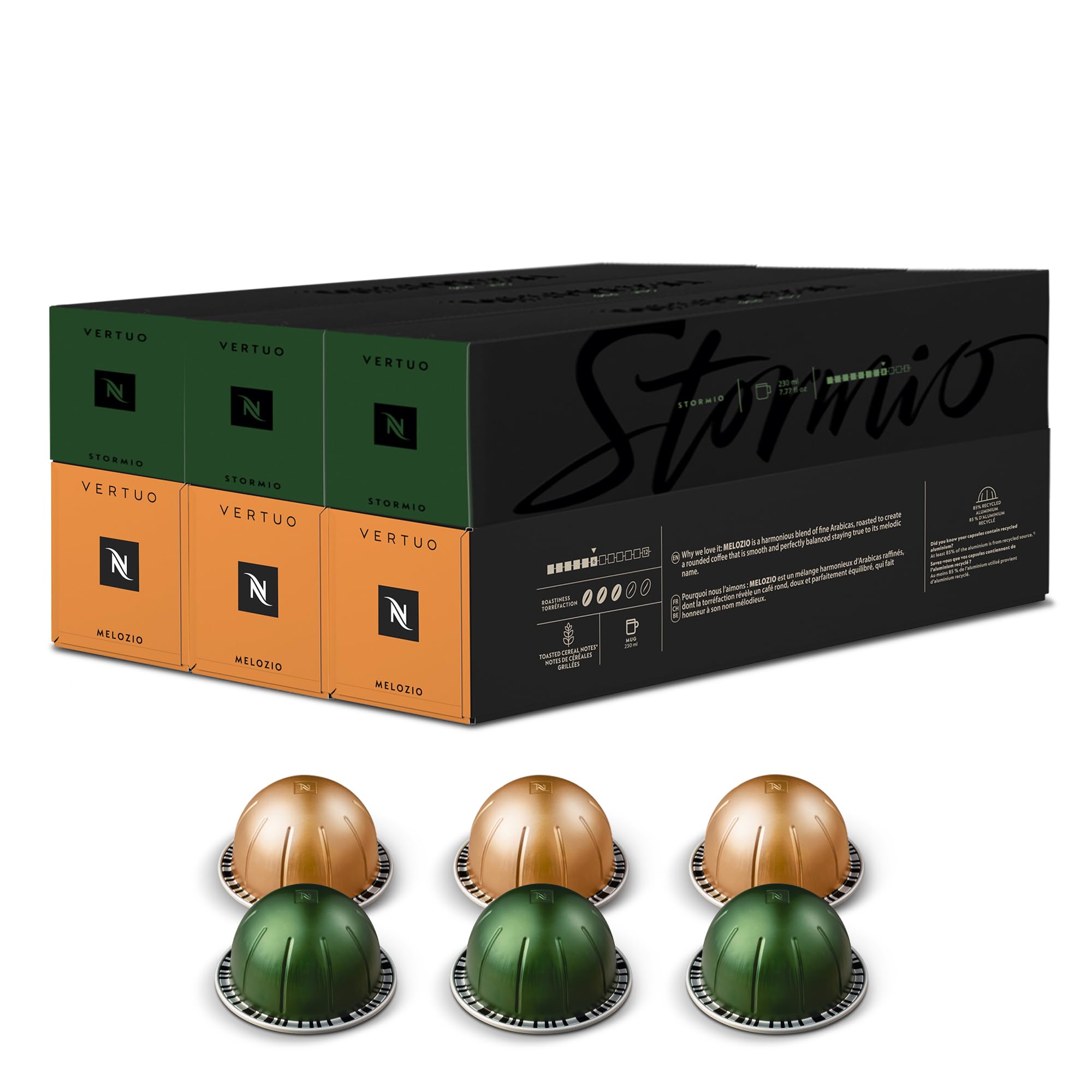 Nespresso Vertuo - Cápsulas de café, 60 unidades mixtas, 30 cápsulas Melozio y 30 cápsulas Stormio para máquinas Nespresso para hacer espressos, capuchino, lattes y café helado en casa. Cápsulas