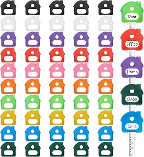 Blulu 50 Pieces Colored Key Tags with Labels 1 Inch Cute Silicone Key Covers Tag with Self Adhesive Stickers for House Classification Organization(Classic Color,House)