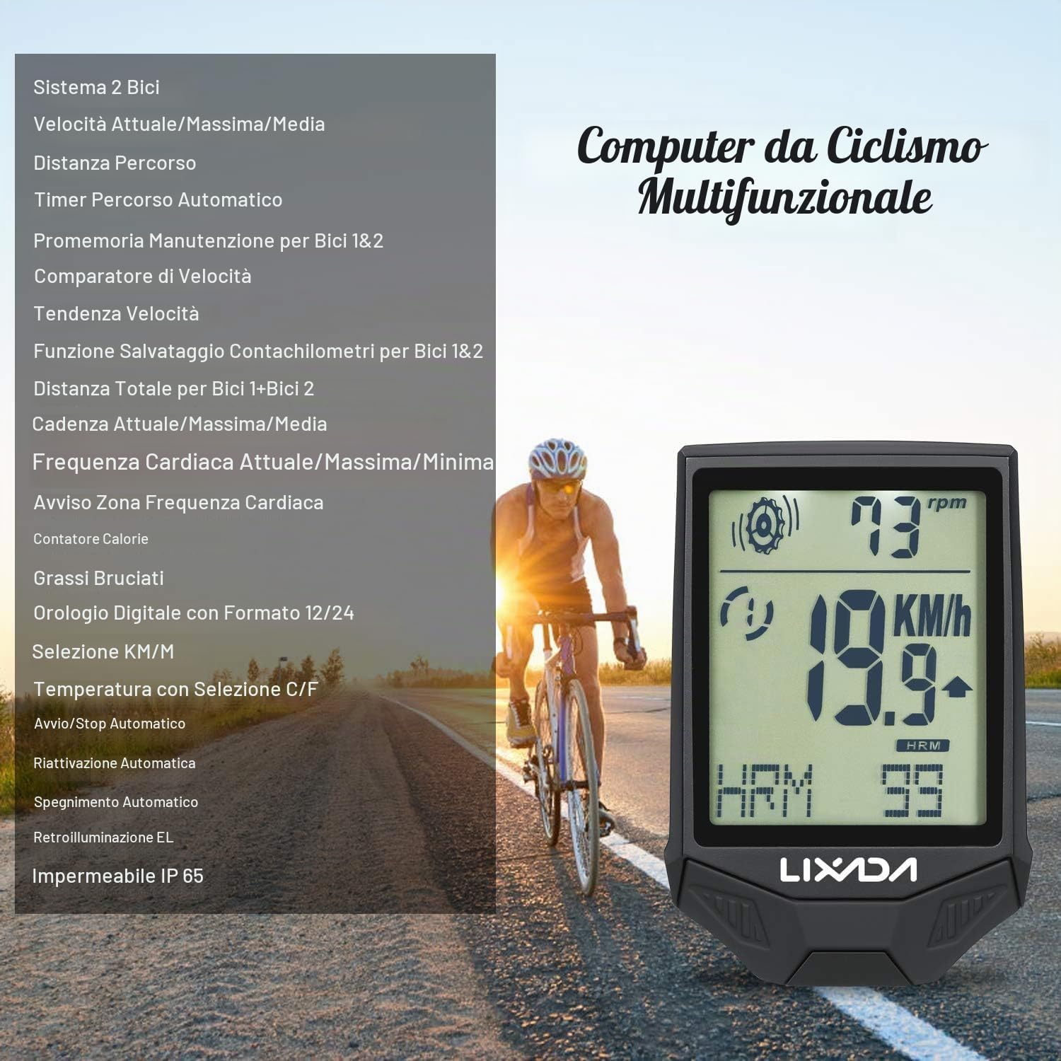 Cardiofrequenzimetro Cadenza, Computer Wireless da Ciclismo con sensore di frequenza cardiaca Ciclocomputer Multifunzionale Antipioggia con retroilluminazione LCD(Black)