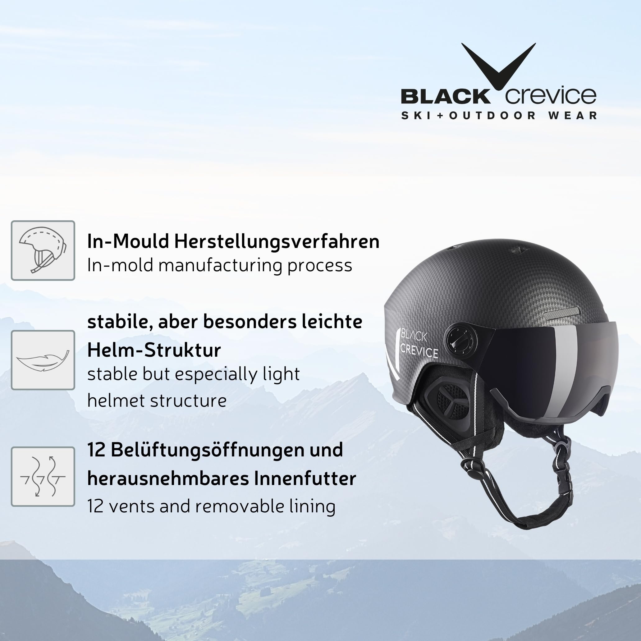 BLACK CREVICE Casco da sci Kaprun I Casco da sci con visiera stile pilota in diversi colori I Casco da sci uomo & donna I Casco da snowboard unisex I Casco da sci traspirante I Regolabile