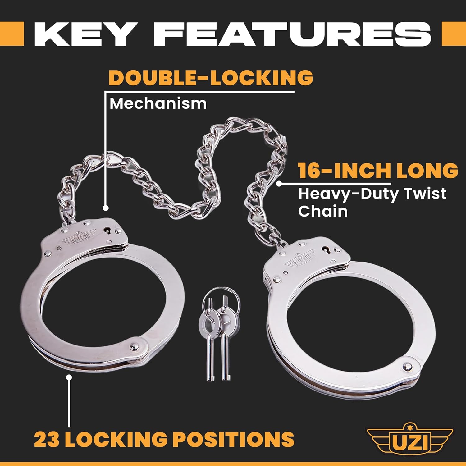 UZI 16-Inch Twist Chain Double Lock Leg Irons - Police Grade Stainless Steel Leg Shackles for Police, Military, Law Enforcement - Great for Fun, Play, Games, Parties & More–UZI-HC-Leg, Silver