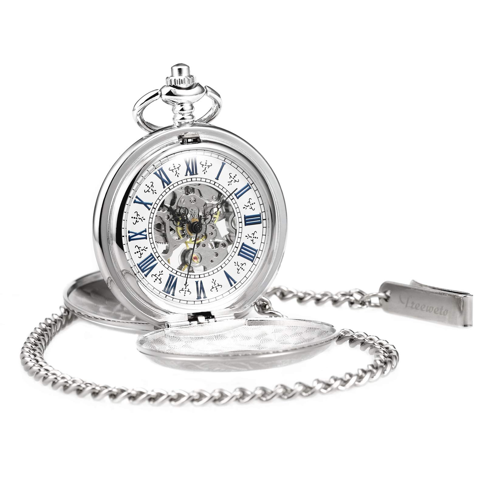 TREEWETO Taschenuhr mit Kette Herren Analog Handaufzug Doppelscharnier Antik Skelett Römische Ziffern Silber