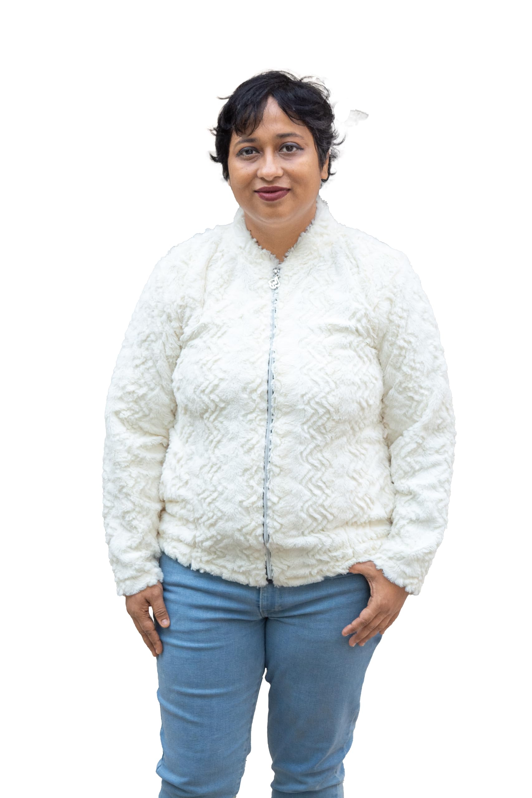 Womens Woolen White Self Design Front Open Chinese Collar Sweater with Zipper-image-22