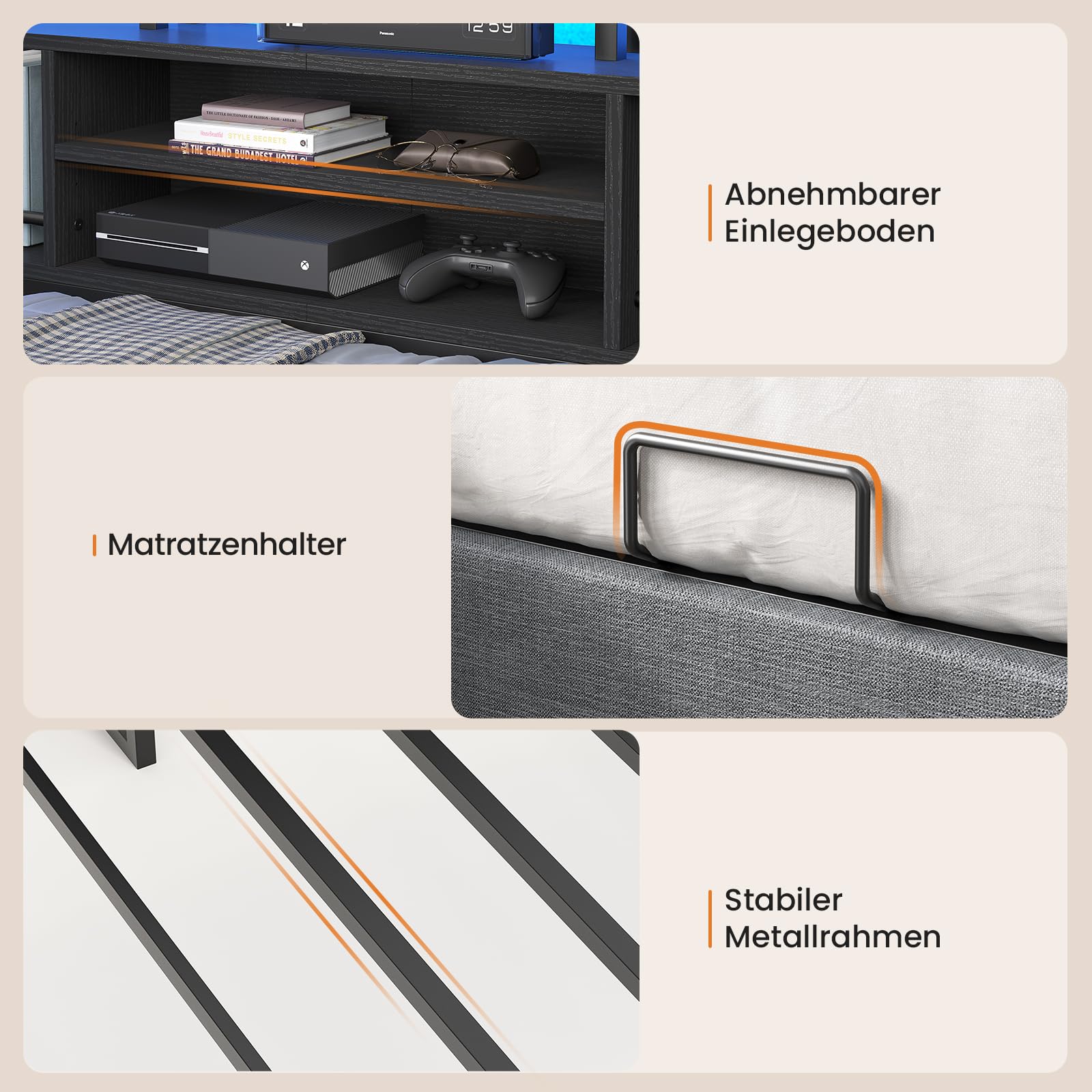 Jugendbett 90x200 mit LED-Beleuchtung und Ladestation |Polsterbett mit 91x35 cm integriertem Schreibtisch |Tagesbett mit gepolstertem Kopfteil |Daybed |Offene Fächer mit Schutzstangen |Schwarz