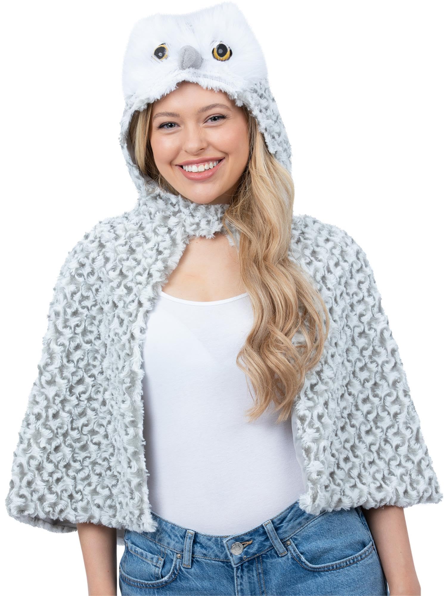 Smiffys Deluxe Baby Owl Cape for Adults, Soft Plush Fancy Dress Costume Accessory with Hood, Animal Party Outfit for Book Week, Forest Theme and Fancy Dress