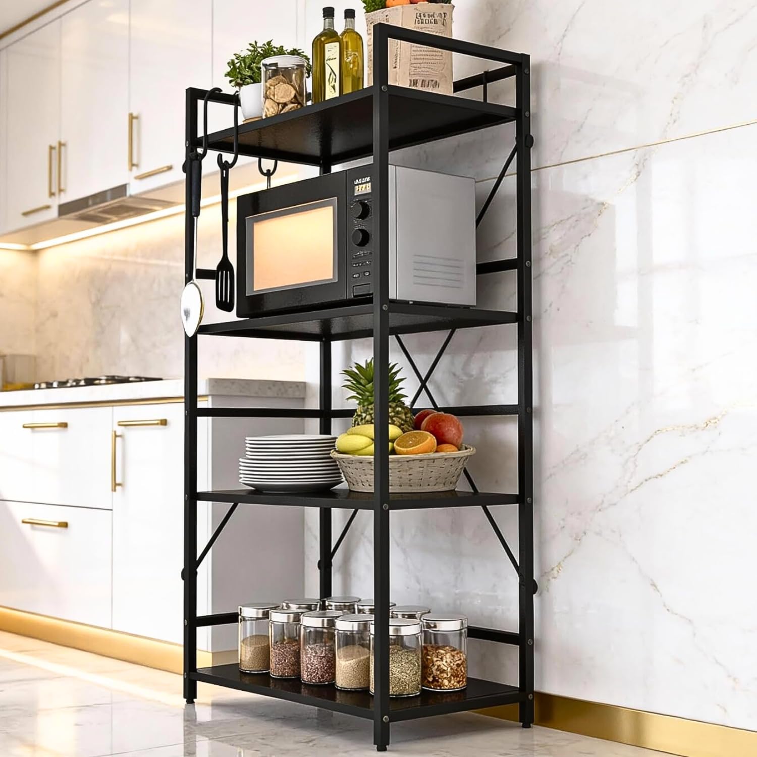 wow craft Heavy Duty 4-Tier Metal Storage Rack (Black) | Multipurpose Shelf for Microwave, Kitchen, Bathroom & Home Organization | Space Saving Steel Organizer (40D × 64W × 132H cm)