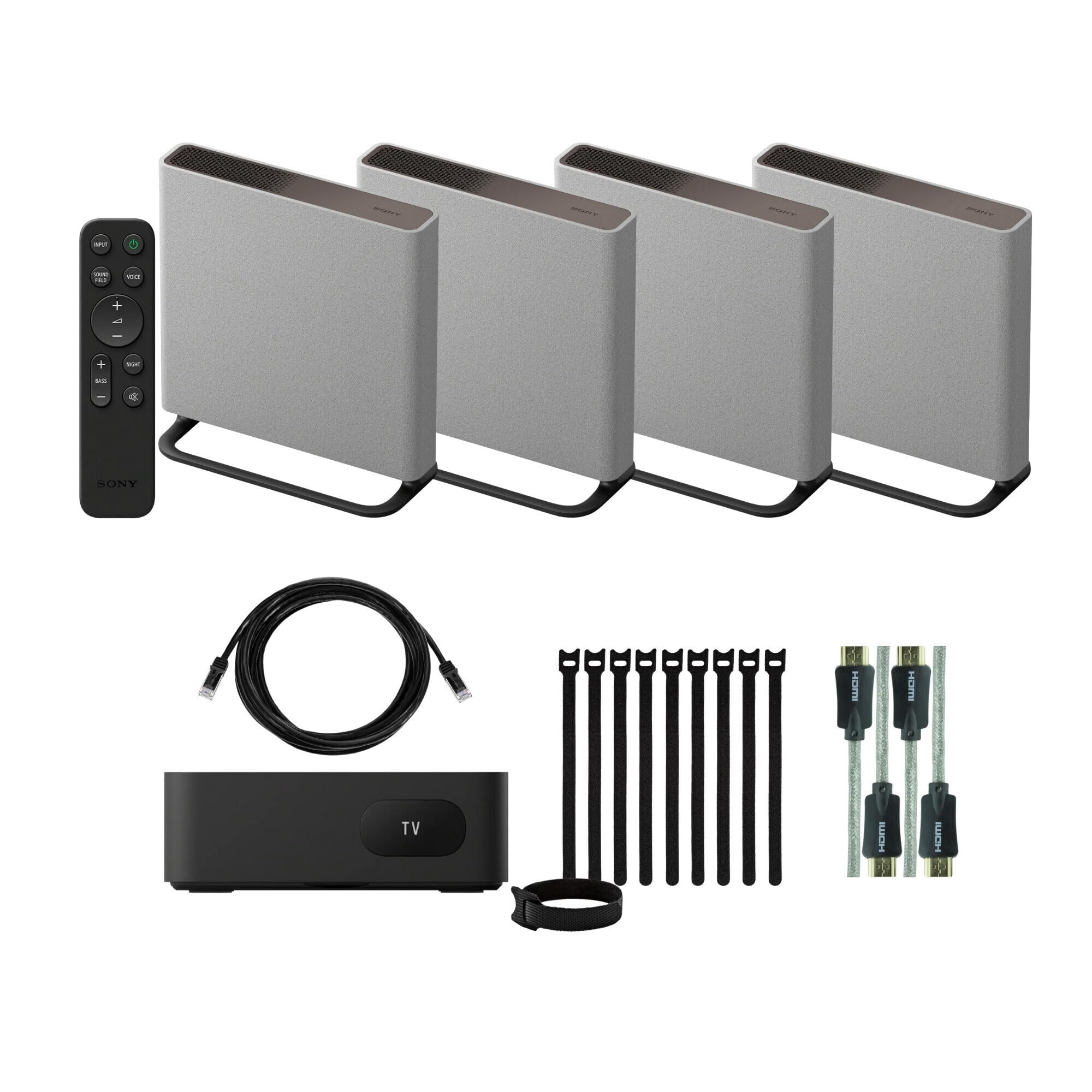 Sony BRAVIA Theater Quad Home Theater Surround Sound System (Gray) Bundle with HDMI Cable with Built-in Ethernet, Black Patch Cable, and Fastening Cable Ties, 10-Pack (4 Items)