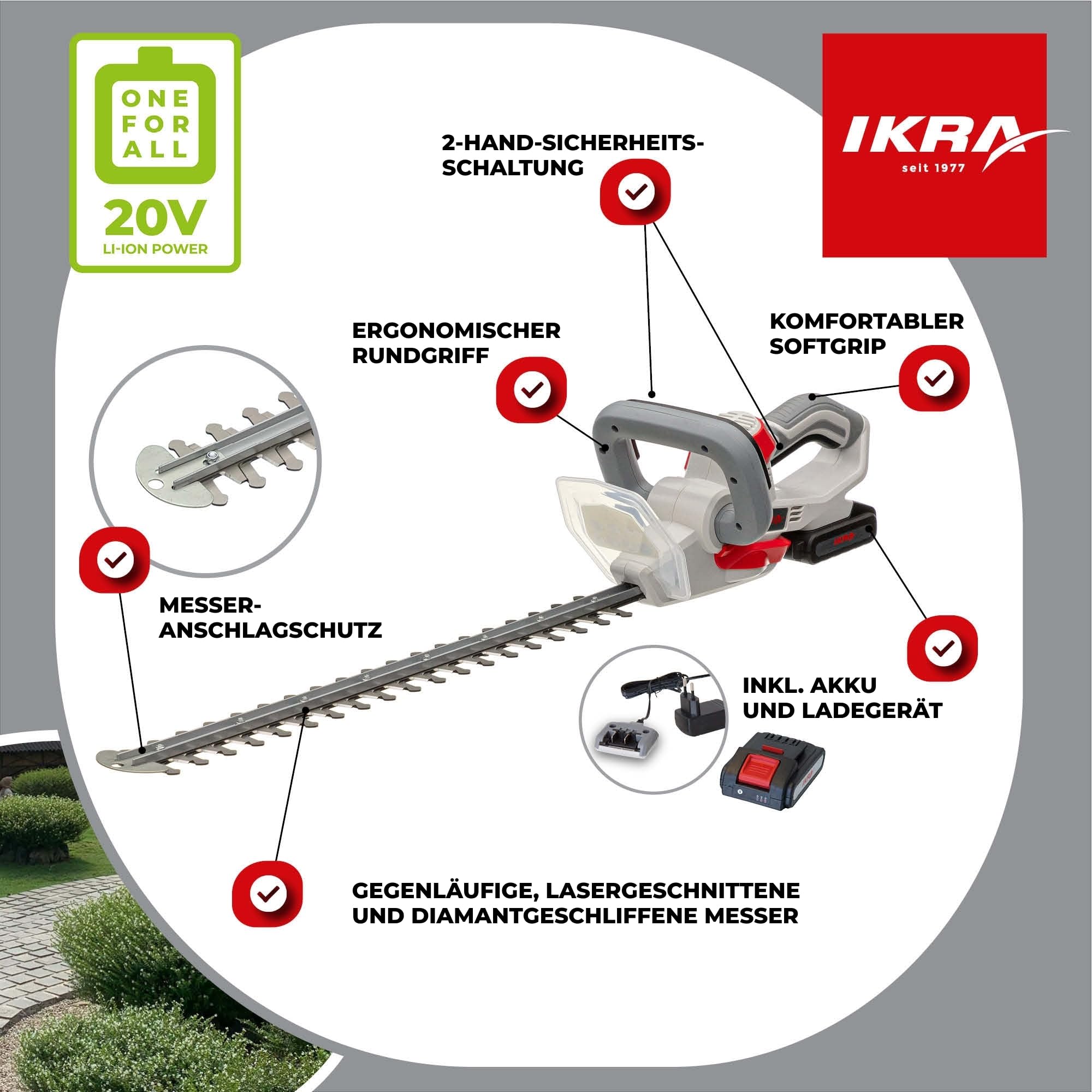 IKRA Heckenschere IAHS 20-1 inkl. Akku 20V 2,0Ah & Ladegerät | Schnittlänge 54cm, Schnittstärke 18mm, Rundgriff mit Softgrip, Messer mit Anschlagschutz, 20 Volt Akku-Familie von IKRA