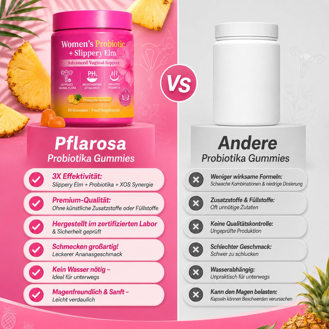 Probiotika Gummies für Frauen, 60 Stück – Cortisol Cocktail Routine, Milchsäurebakterienkulturen mit Roter Ulmenrinde & XOS, Ananasgeschmack, zuckerfrei, vegan, glutenfrei