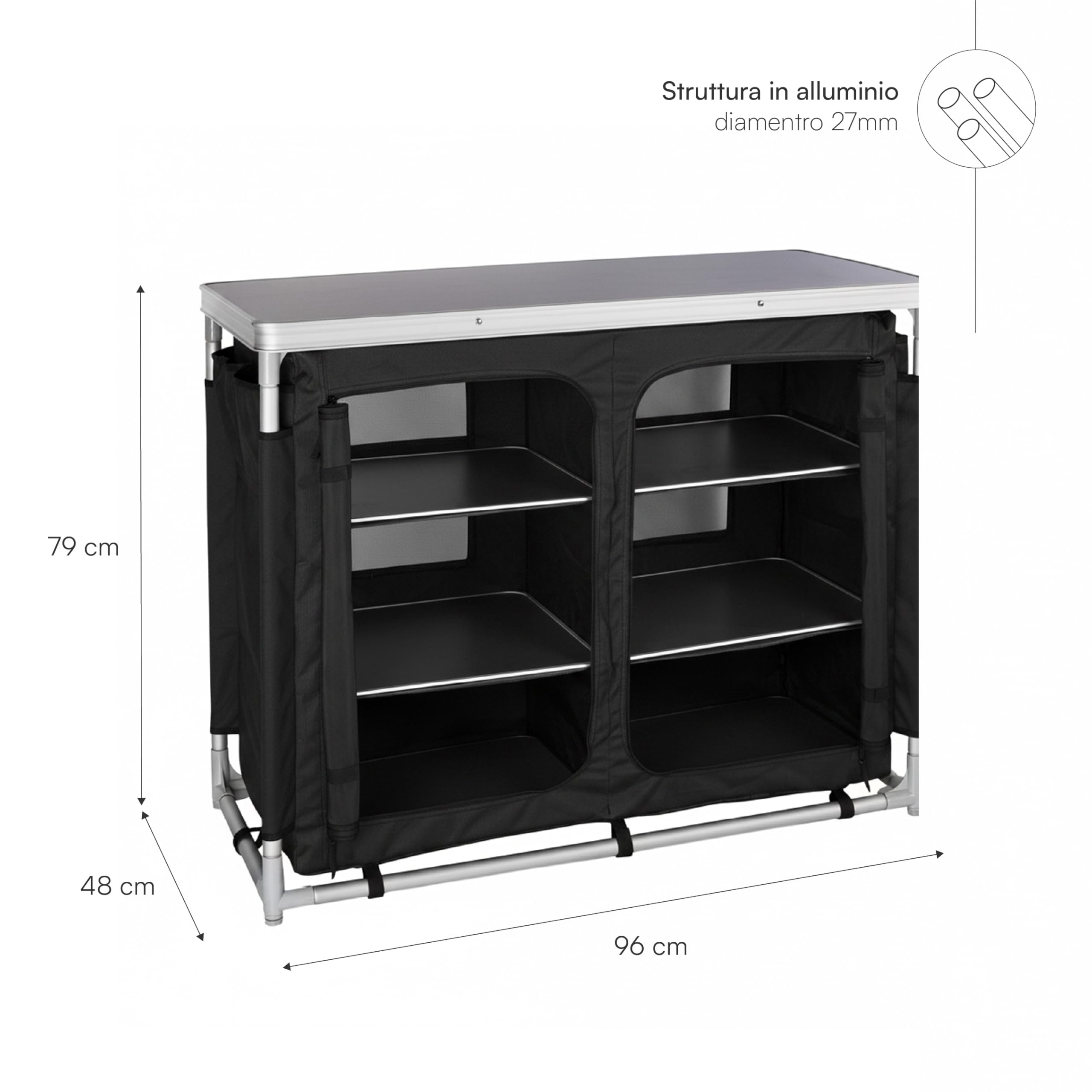 Baroni Home Armadietto da Campeggio Pieghevole, Armadio Salvaspazio con Ripiani Interni, Struttura in Alluminio, Barbecue, Picnic e Outdoor, 96x48x79 cm (Nero)