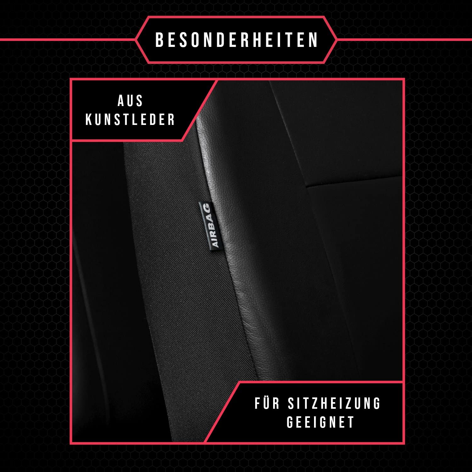 3er Set Autositzbezüge PKW universal | Auto Sitzbezüge Kunstleder Schwarz für Airbag geeignet | für Vordersitze und Rückbank 1+1 Autositze vorne und 1 Sitzbank hinten teilbar Reißverschlüsse