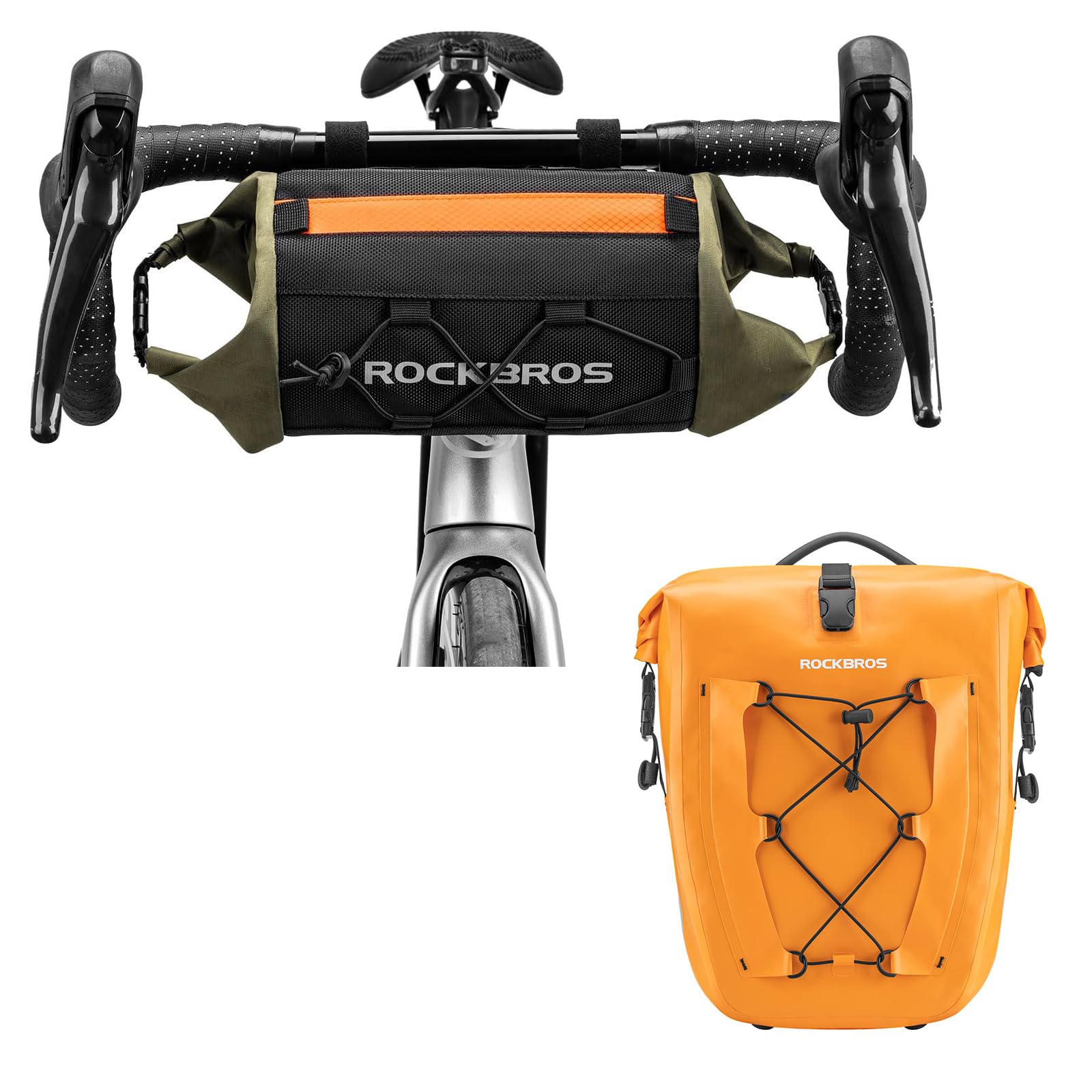 ROCKBROS Borsa Bici Manubrio 2L Tracolla + Borsa Posteriore Impermeabile | Portatile Forma Cilindrica + Grande Capacità 25L, Facile Trasportare per MTB