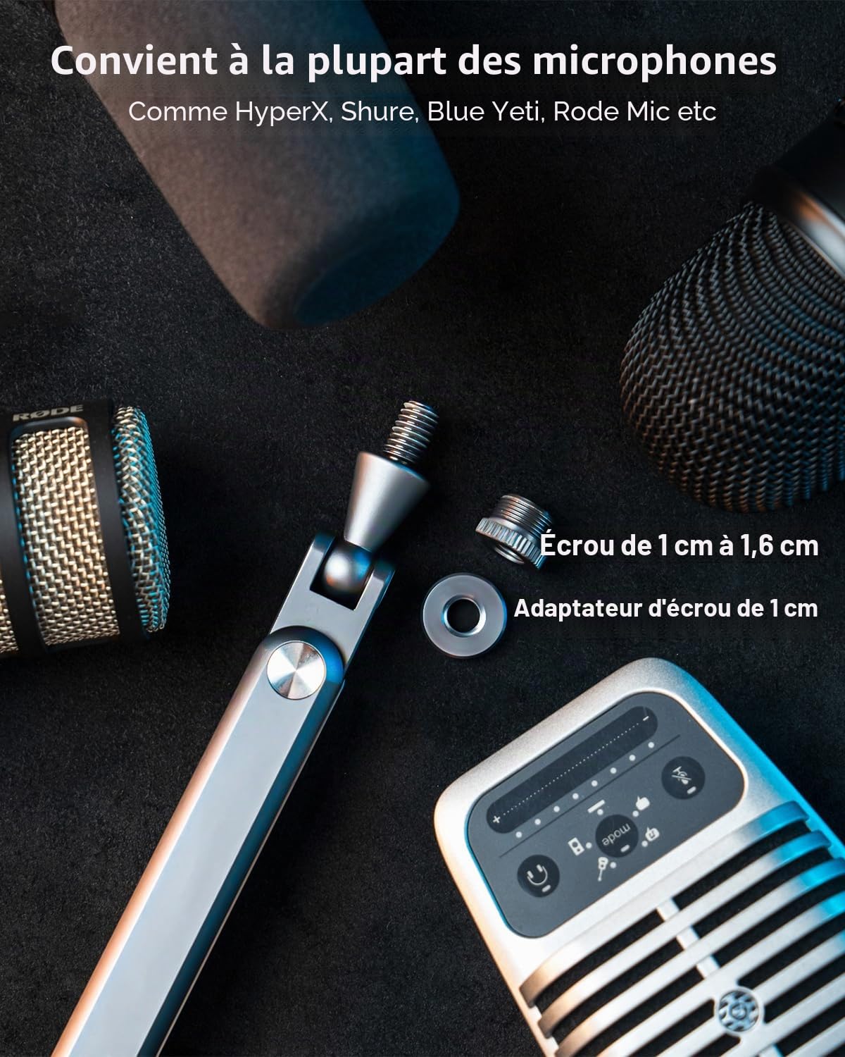 FULAIM Bras de microphone en aluminium compatible avec RODE, Support de microphone réglable pour Shure, microphone arm avec adaptateur 3/8" - 5/8" pour Game Streaming Podcast Interview (Gris)