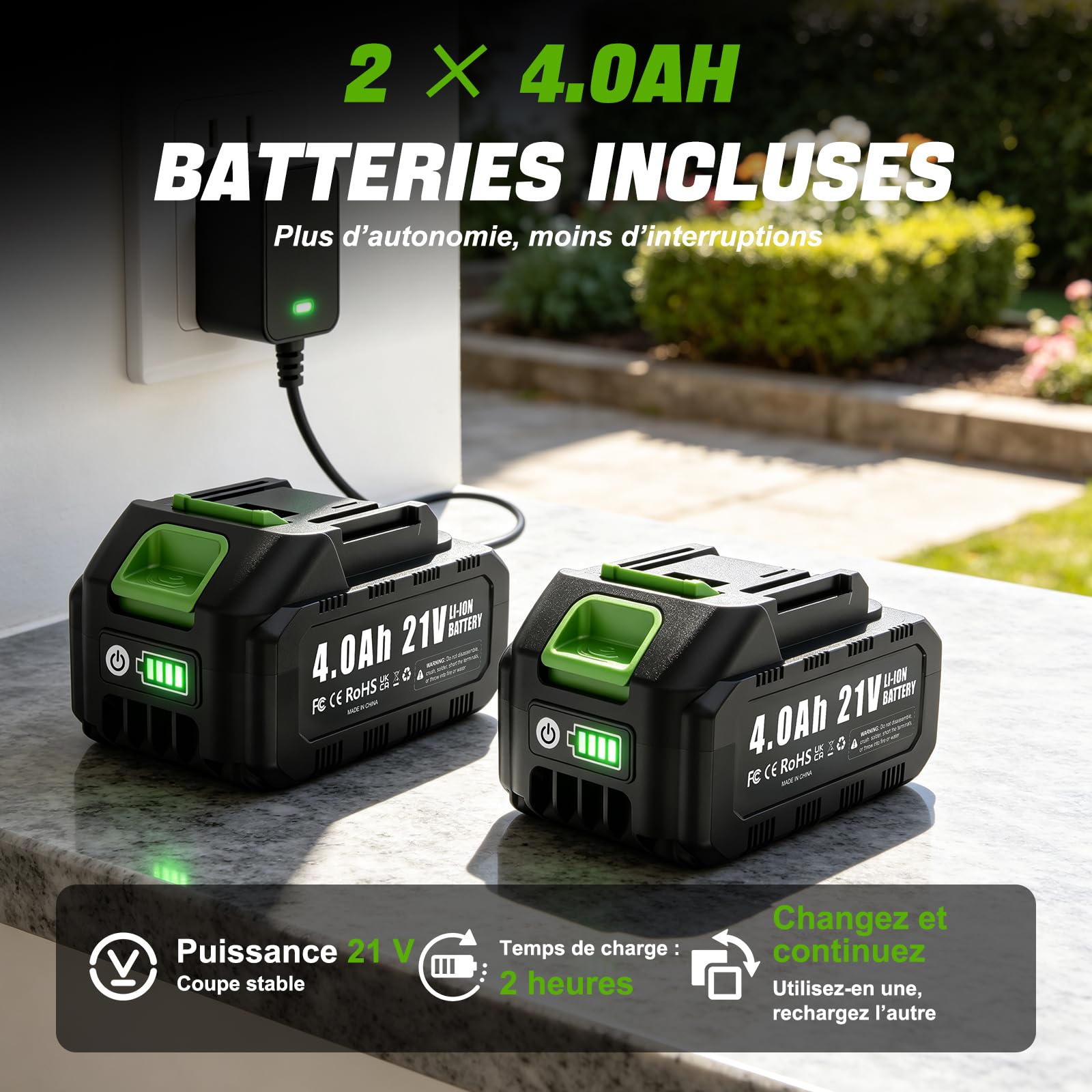 J-KU Podadora de Altura 4 en 1 a Batería, Mini Motosierra 20 cm (8") y Tijeras de Podar Eléctricas 35 mm, Pértiga Telescópica hasta 2,6 m, 2×4000 mAh, Herramientas de Jardín