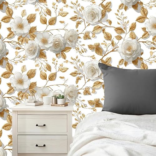 Miniatura 2 de Gold and White Flower PVC Wallpaper Sticker 78.74x15.75 Inch Elegant Leaf and Blossom Design Self Adhesive Decorative Wallpaper Decal for Bedroom