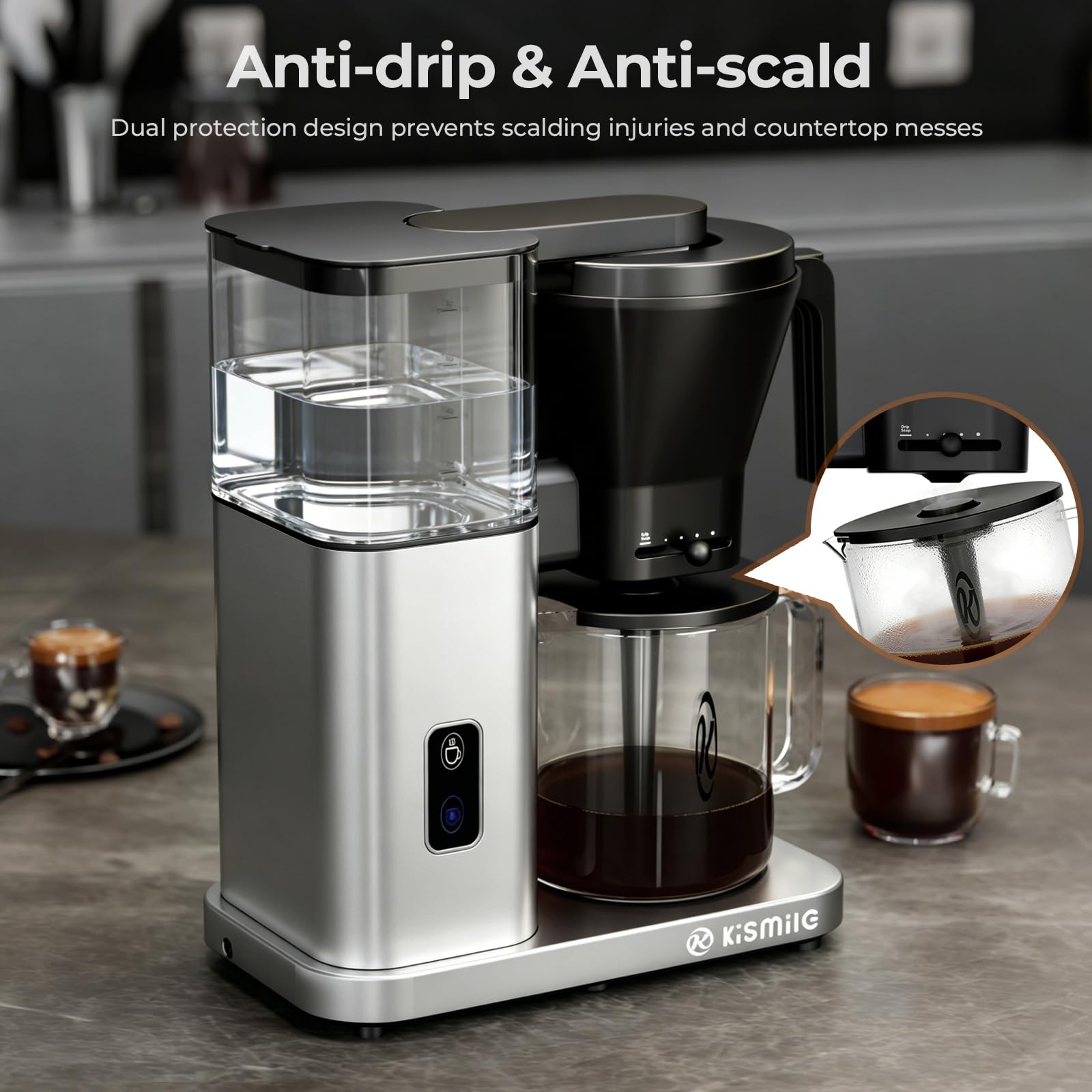 Kismile 8 Cup Drip Coffee Maker, SCA Certified Hot & Cold Brew Coffee Machine, Fast Heating to 197–205℉, 40 Min Keep Warm, Adjustable Flow Control, Easy to Clean