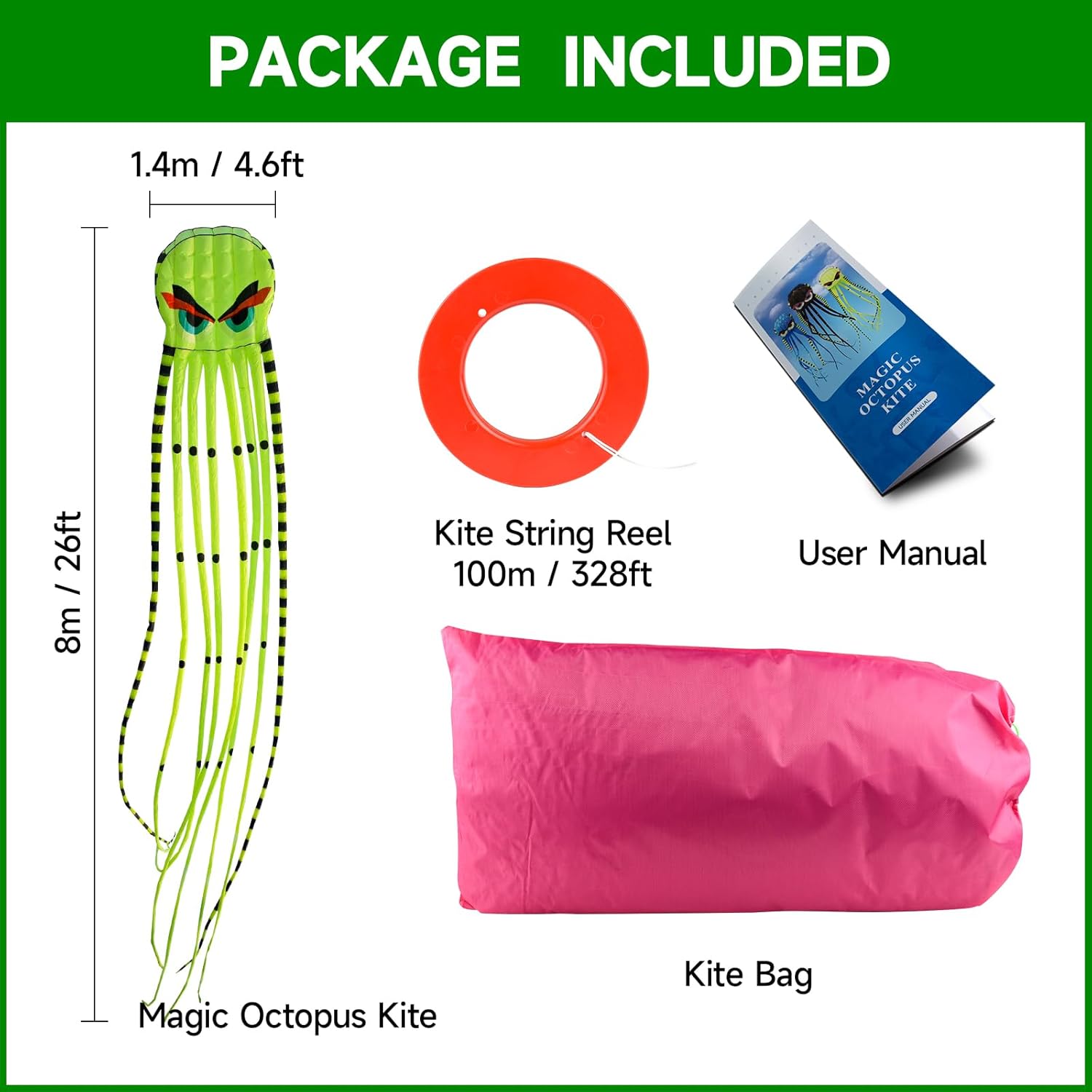 3D 26ft Ultra Large & Funs Octopus Foil Kite with 1000D Kite String, Beach Park Outdoor Fun Beach Trip Great Gift to Kids Build