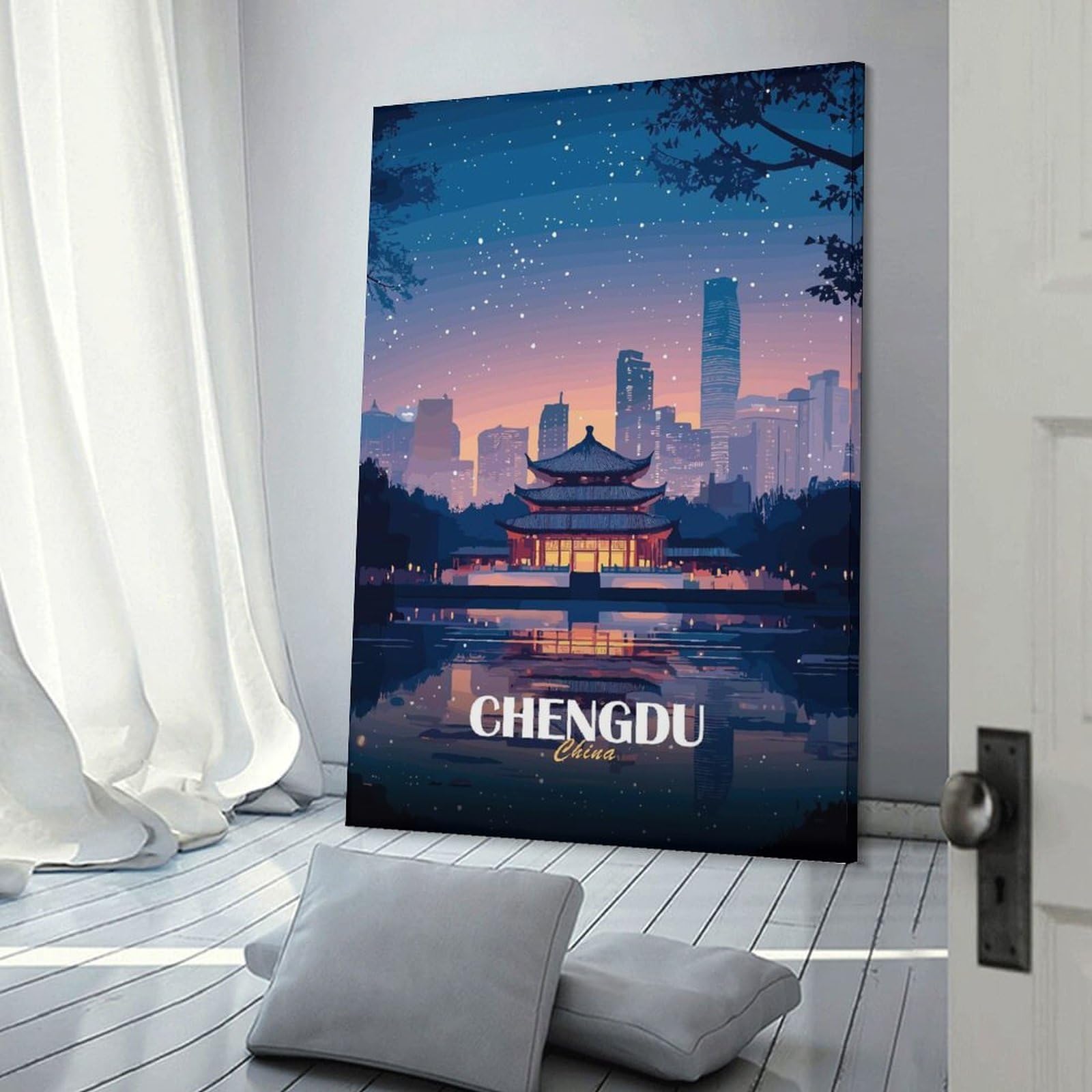 Junmoney Chengdu China Cityscape at Night Canvas Wall Picture 20x30inch(50x75cm), for Contemporary Homes, Apartments Or Offices, Wall Decor with Flexible Room Appeal