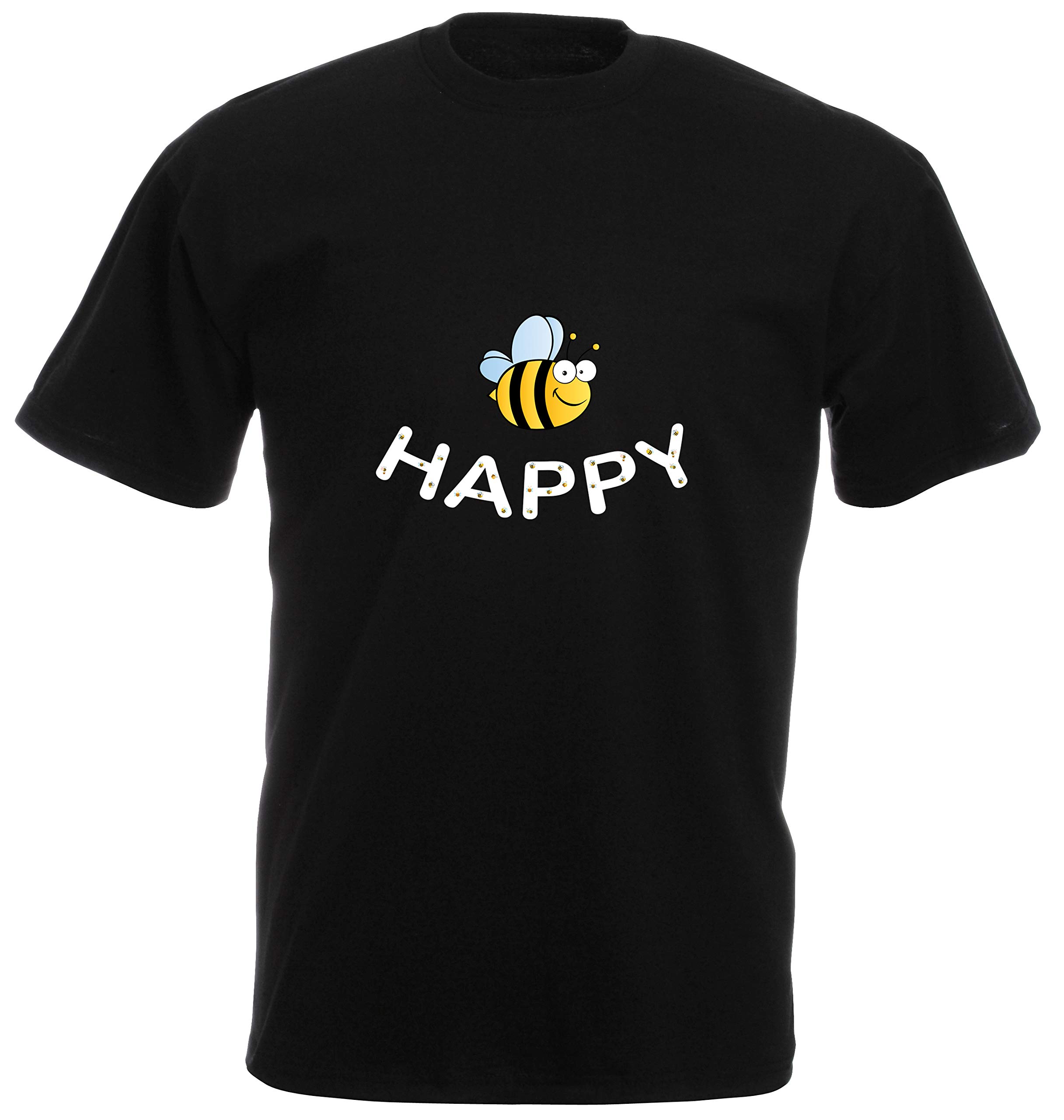 HN PrintBee Happy T-Shirt - Cute Bee with Bees Buzzing Over The Word Happy.