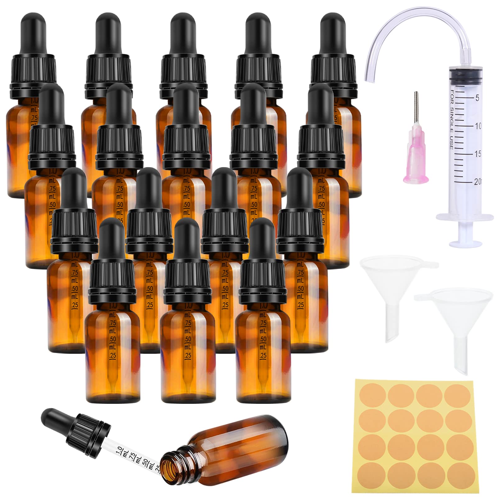 Nuts OT nuts Ambrato Bottiglie Contagocce 10ml Pipette Contagocce Boccette con Pipetta 18 Pcs Marrone Contagocce Vetro con Imbuti, Tappo Nero per Laboratorio, Aromaterapia, Olio Essenzial