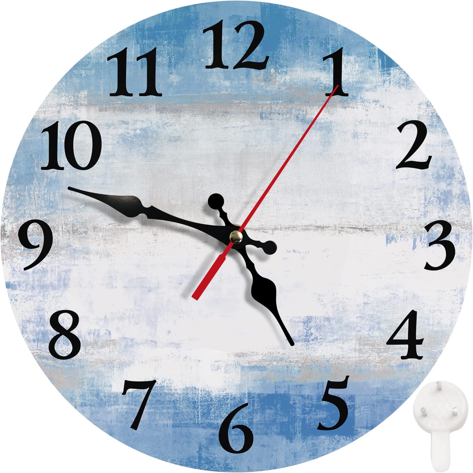 BritimesRound Wall Clock Silent Non-Ticking Battery Operated Clock 10 Inch, Contemporary Blue White Painting Home Decor for Living Room, Bathroom, Bedroom, Kitchen, Office and School
