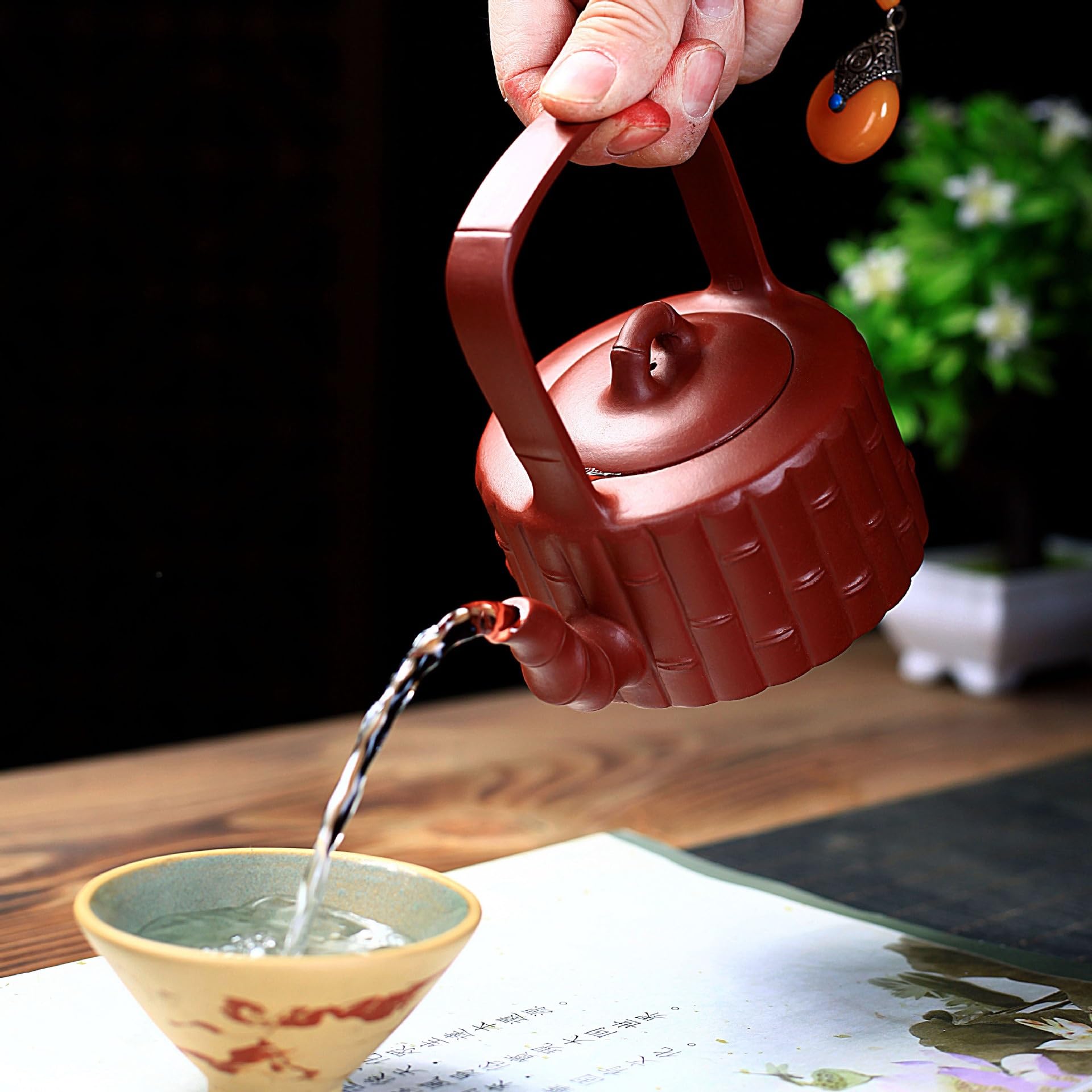 Tetera china de arcilla morada con mango de bambú, juego de té Kung Fu hecho a mano con infusor para elaboración tradicional