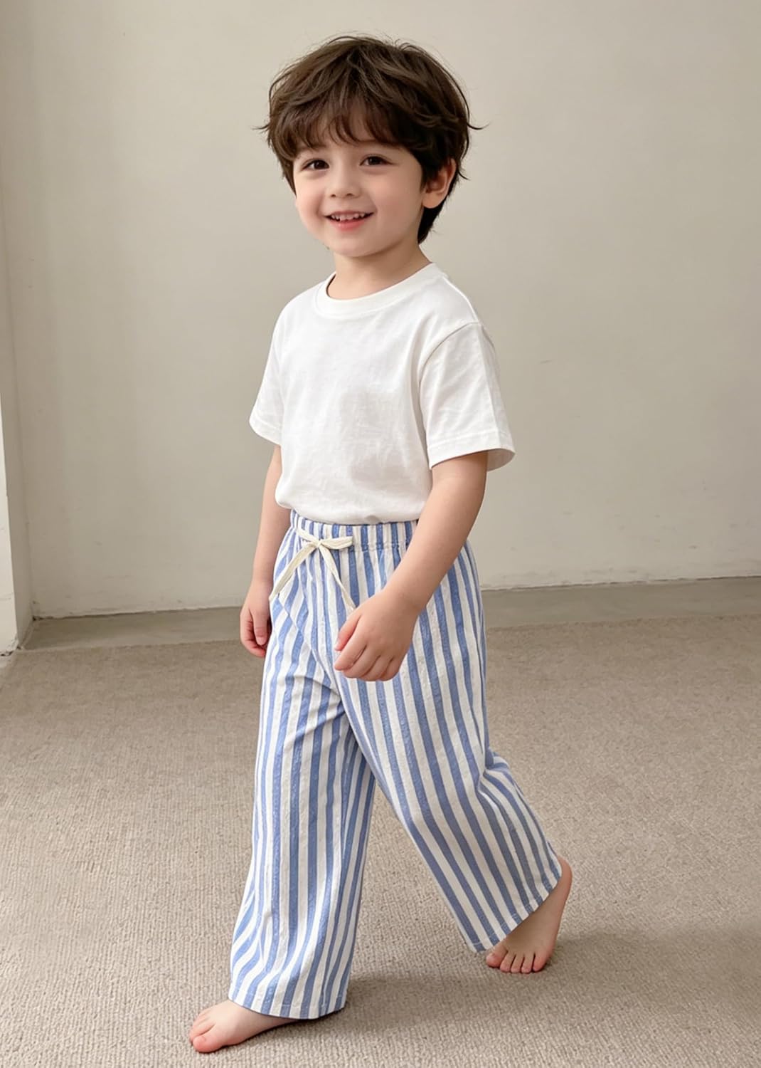 CM C&M WODRO Toddler Boy Girl Pants 2 Pack Stripes Elastic Waist Wide Leg Kids Summer Fall Lightweight Cotton Pants Trousers