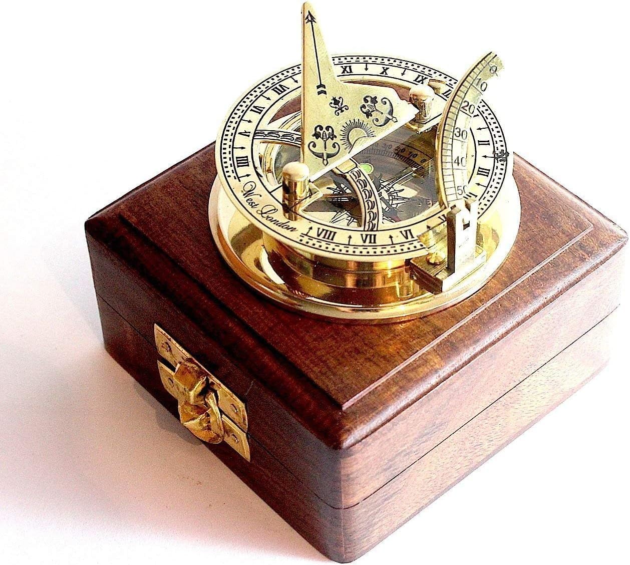 Nautical Replica Hub Brújula de latón con esfera solar de bolsillo de latón macizo - West London con caja de madera