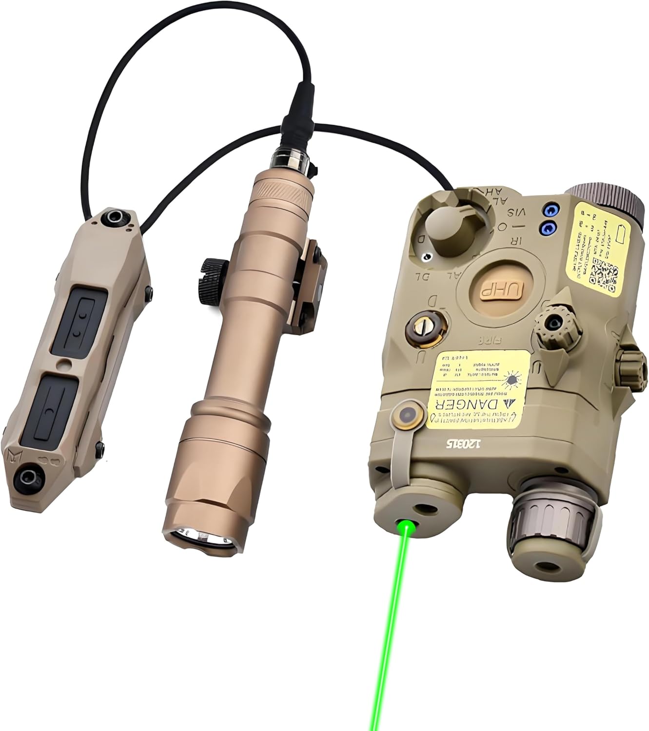 Green/Red PEQ-15 Plastic Laser Dot IR Sight with M600C Flashlight & Dual Control Remote Pressure Button Switch，300 Lumen White LED Scout Torch Lights，Fits for Standard 20mm Rail System Mounting，Tan