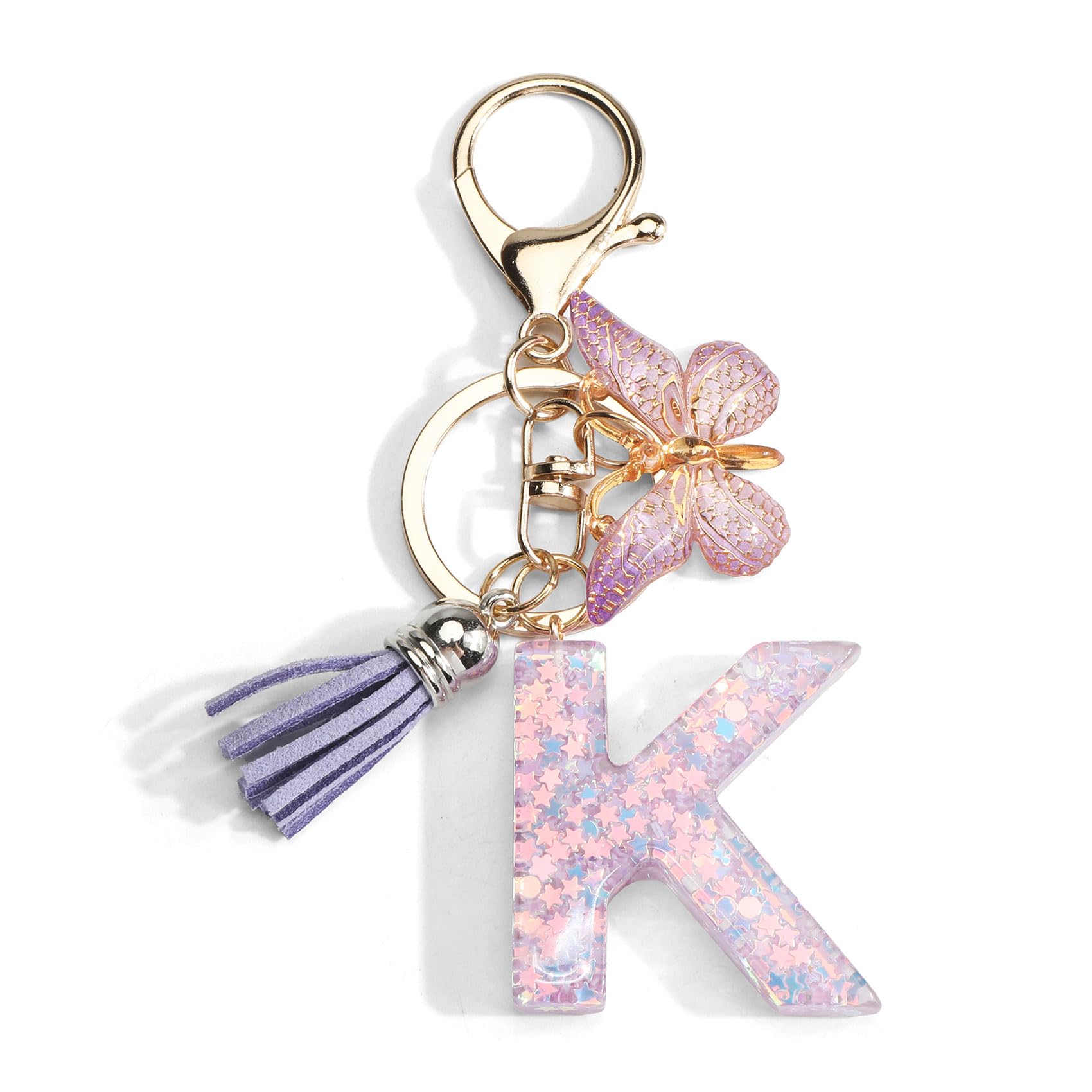 Gallkeat Schlüsselanhänger mit Buchstabe, Schmetterling Anhänger, Quaste Pailletten Frauen Schlüsselanhänger Geschenk, Mädchen Geburtstagsgeschenk, Lila