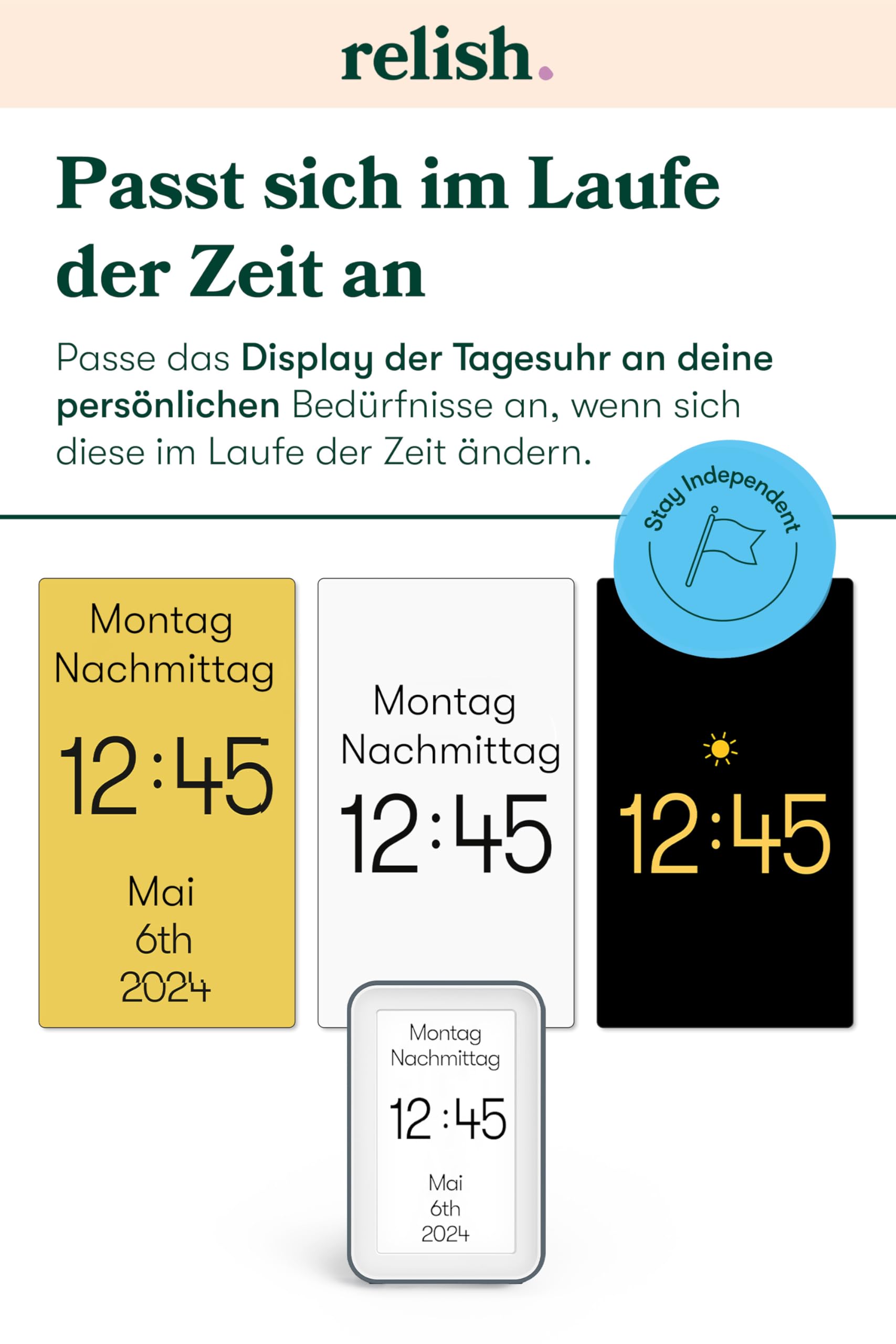 Relish - Demenzuhr Day Connect, Digitale Kalenderuhr mit Tag, Datum und Uhrzeit, großes übersichtliches Display, personalisierte Optionen
