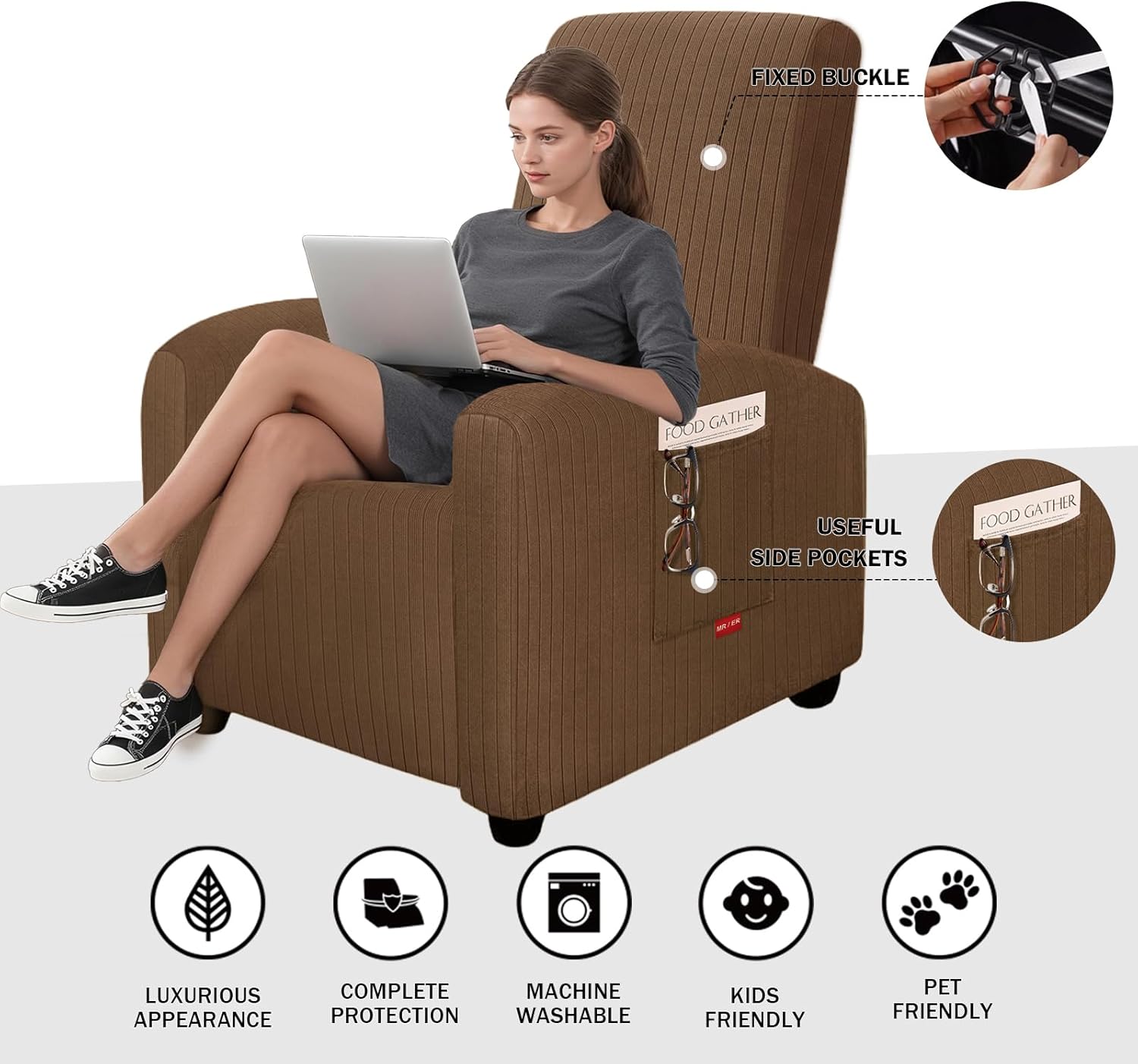 3 Pieces Striped Pattern Extra Small Recliner Chair Covers Stretch Recliner Slipcover for Lazy Boy Wide Recliner Chair Washable (S 1 Seater，Brown)