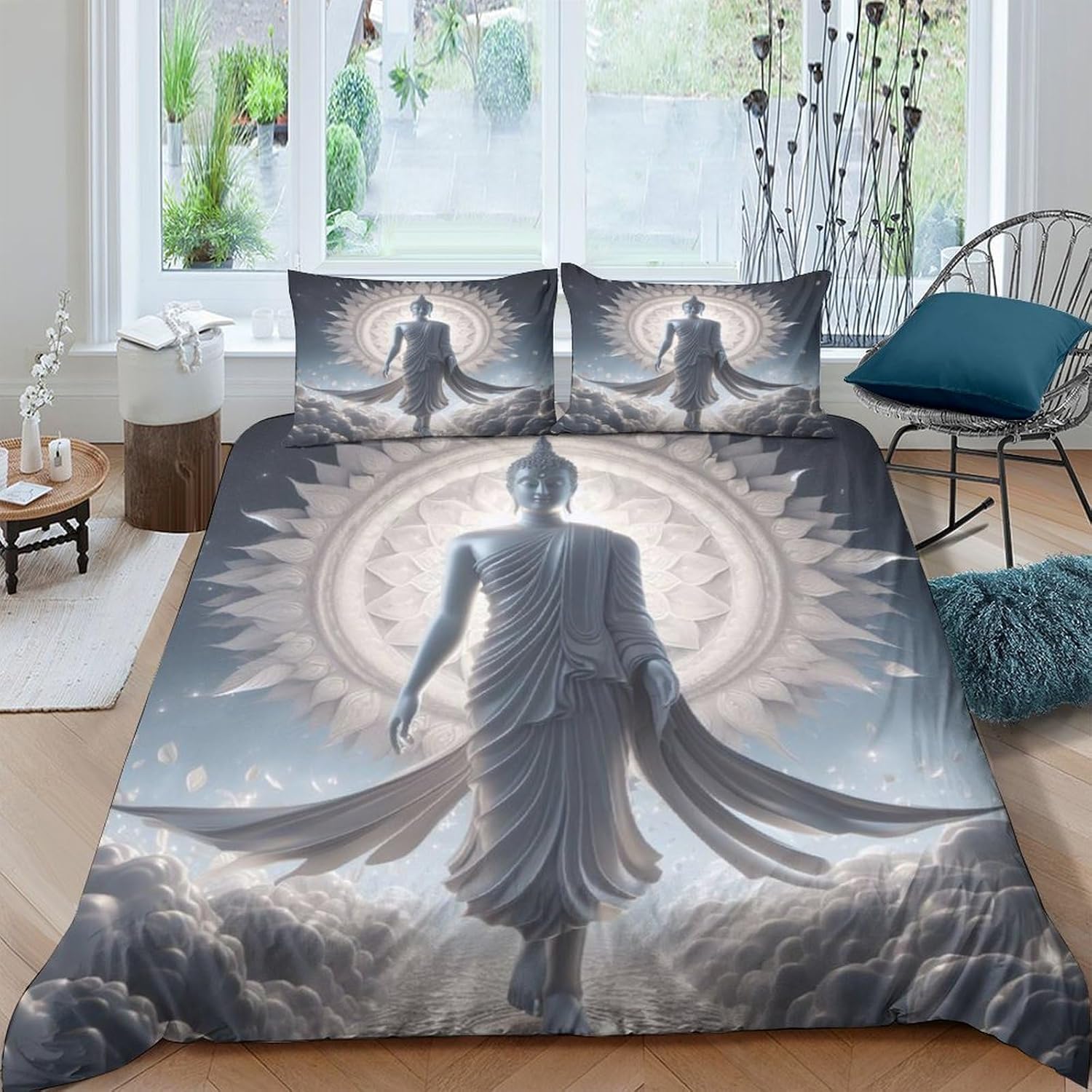 Housse de couette Bouddha anti-pli avec fermeture éclair pour un lit 1 place facile à border