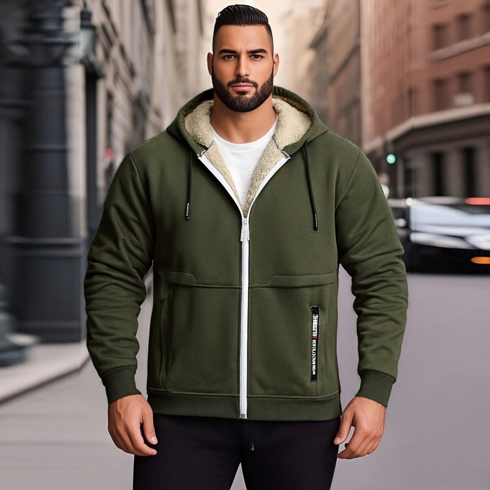 Sherpa-Kapuzenpullover und Winterjacke für Herren, mit durchgehendem Reißverschluss, dickes Fleece, Kapuzen-Sweatshirt mit warmer Beschichtung, lässige Outdoor-Kleidung für Winteraktivitäten und
